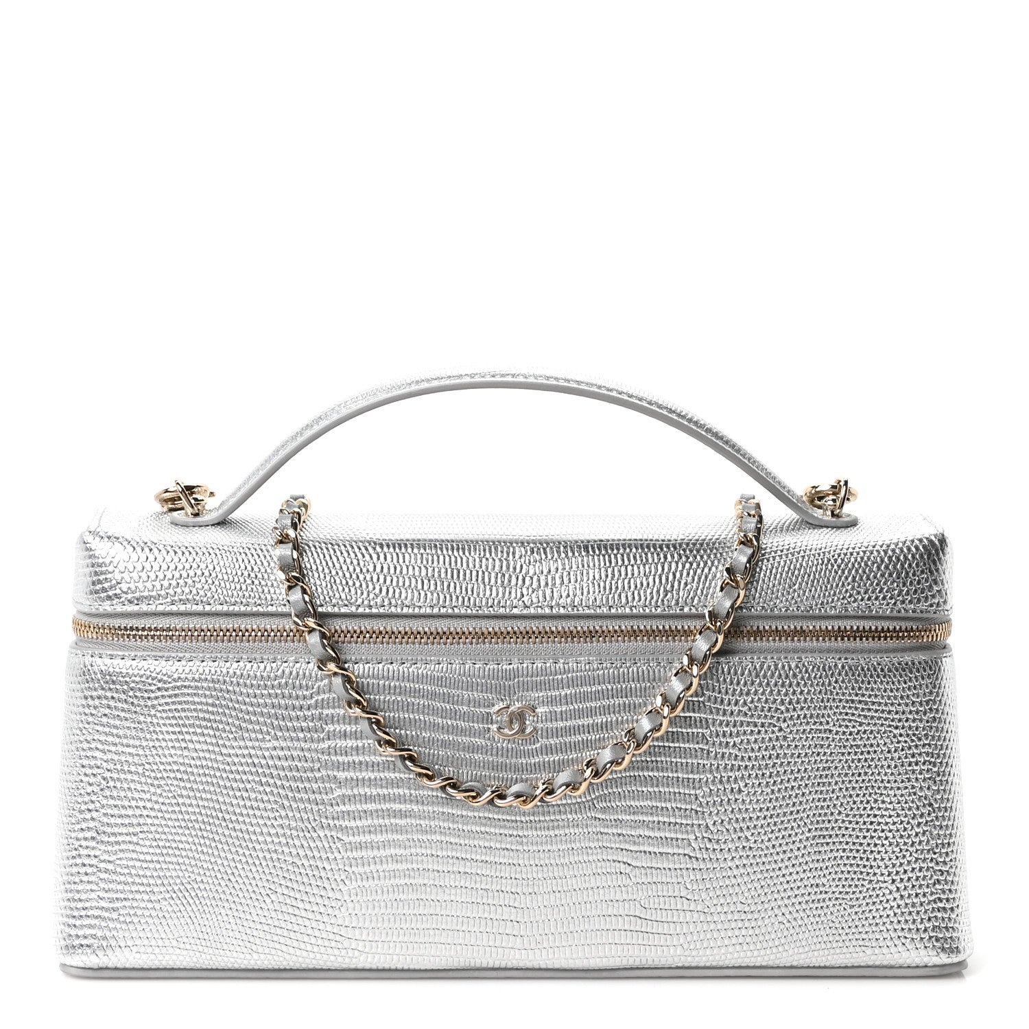 Lizard Embossed Top Handle Slim Vanity With Chain Silver