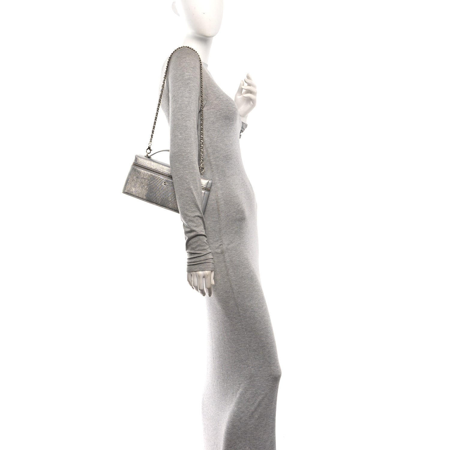 Lizard Embossed Top Handle Slim Vanity With Chain Silver — view 2