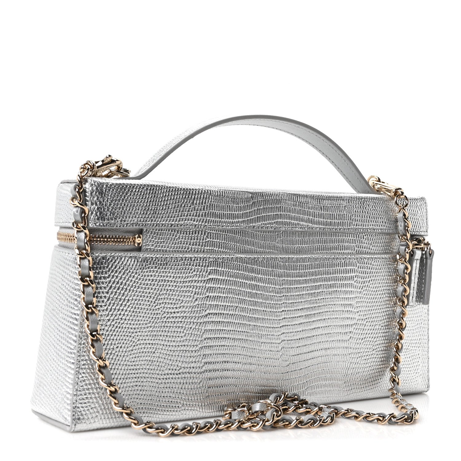Lizard Embossed Top Handle Slim Vanity With Chain Silver — view 3