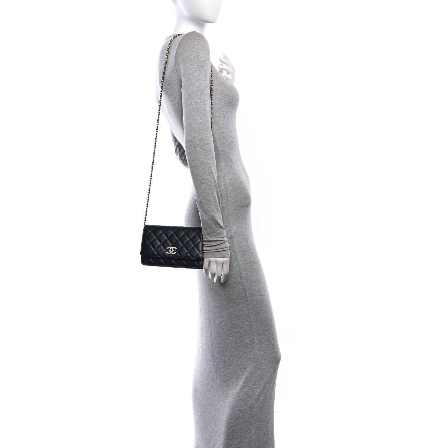 Lambskin Quilted Pearl CC Wallet on Chain WOC Black — view 2