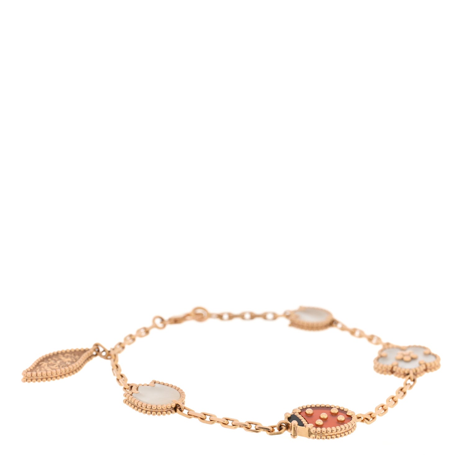 18K Rose Gold Carnelian Mother of Pearl Onyx 5 Motifs Lucky Spring Bracelet