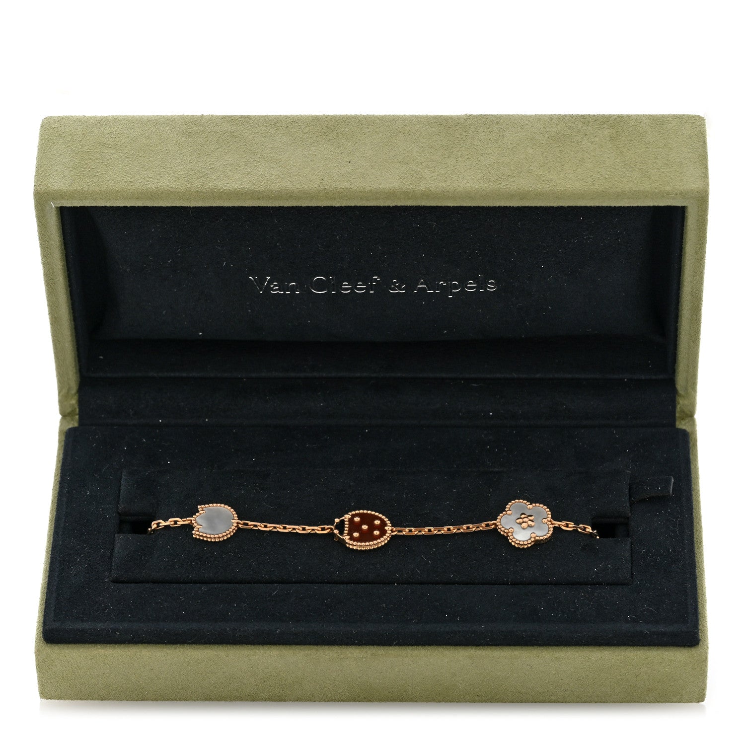18K Rose Gold Carnelian Mother of Pearl Onyx 5 Motifs Lucky Spring Bracelet — view 4