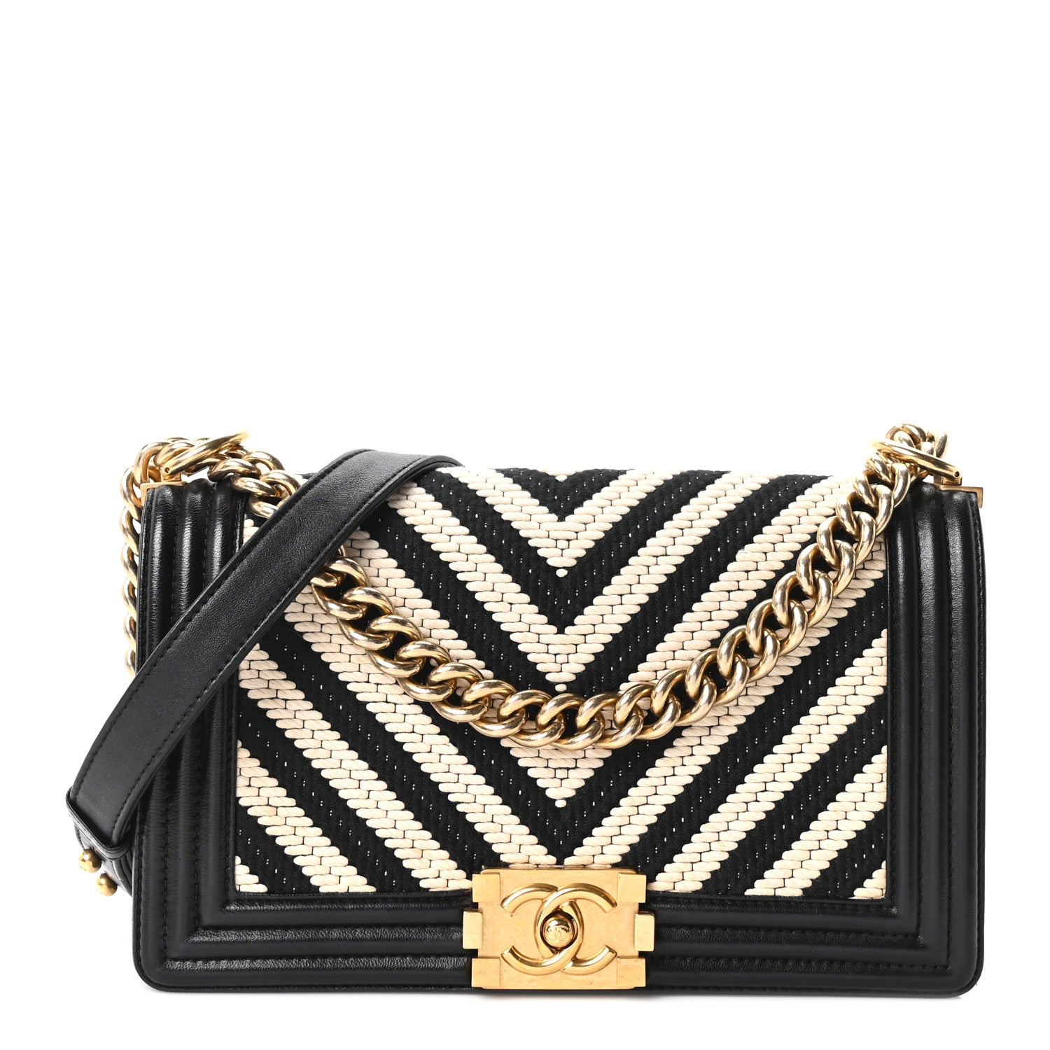 Fabric Chevron Braided Medium Boy Flap Black White — view 1