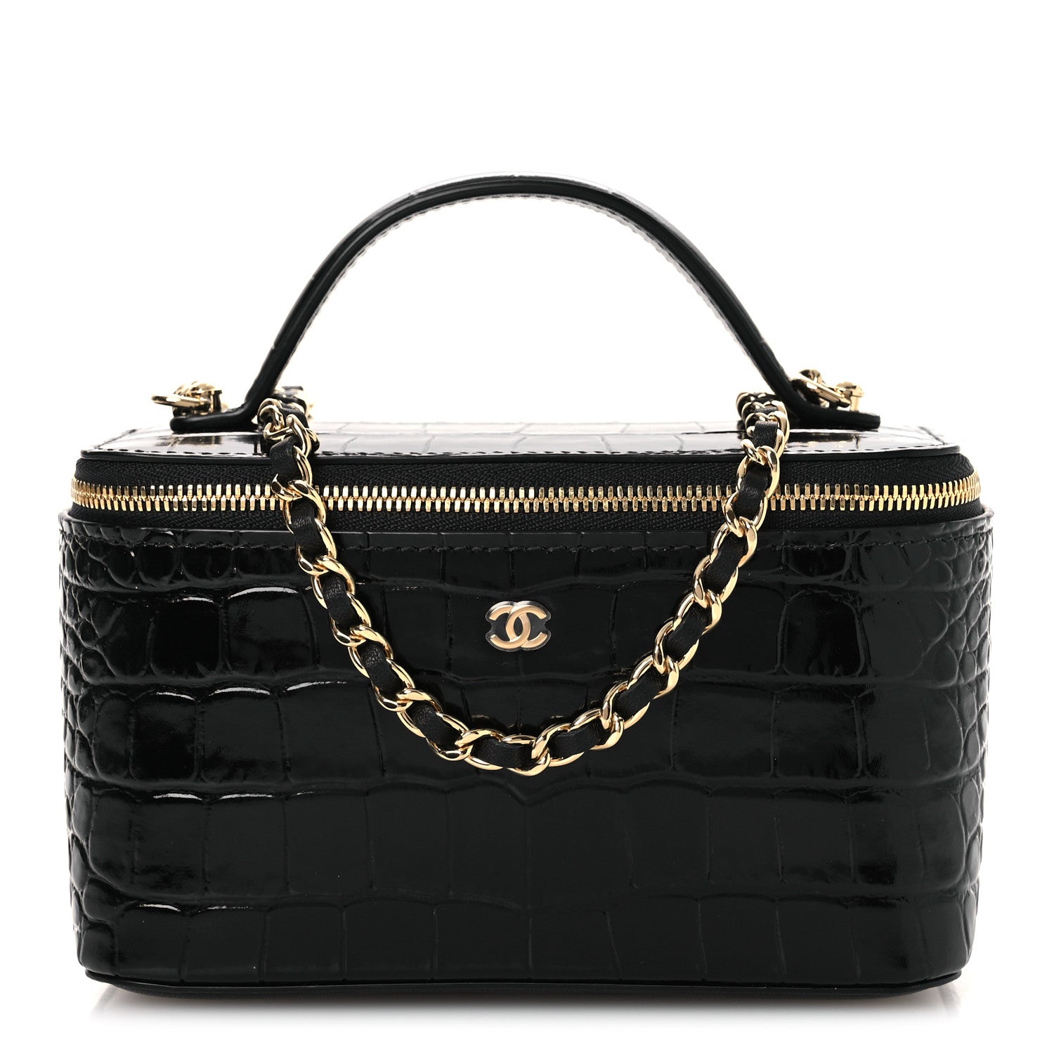 Calfskin Crocodile Embossed Crococo Small Top Handle Vanity Case With Chain Black — view 1