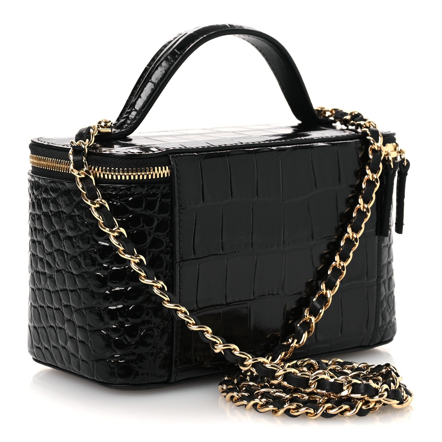 Calfskin Crocodile Embossed Crococo Small Top Handle Vanity Case With Chain Black — view 3