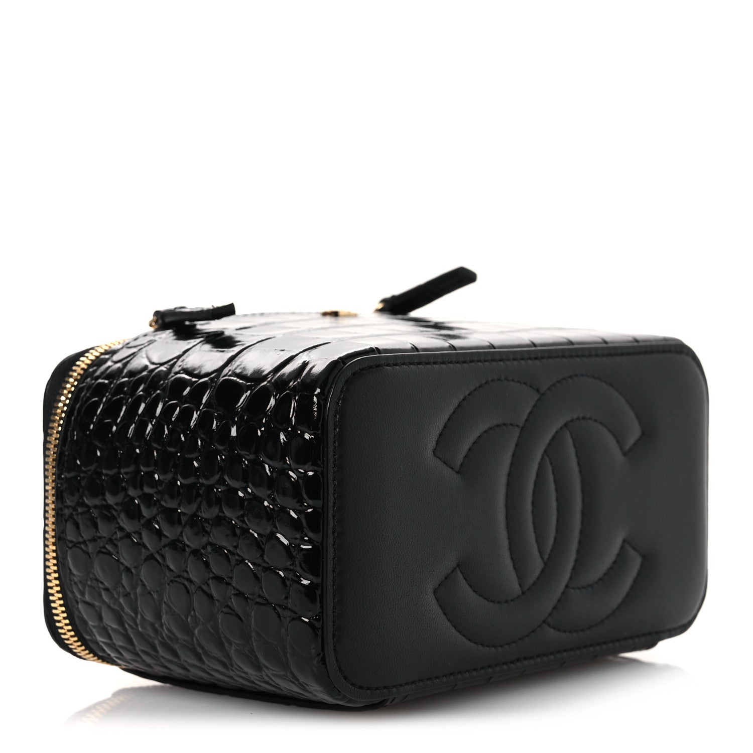Calfskin Crocodile Embossed Crococo Small Top Handle Vanity Case With Chain Black — view 4