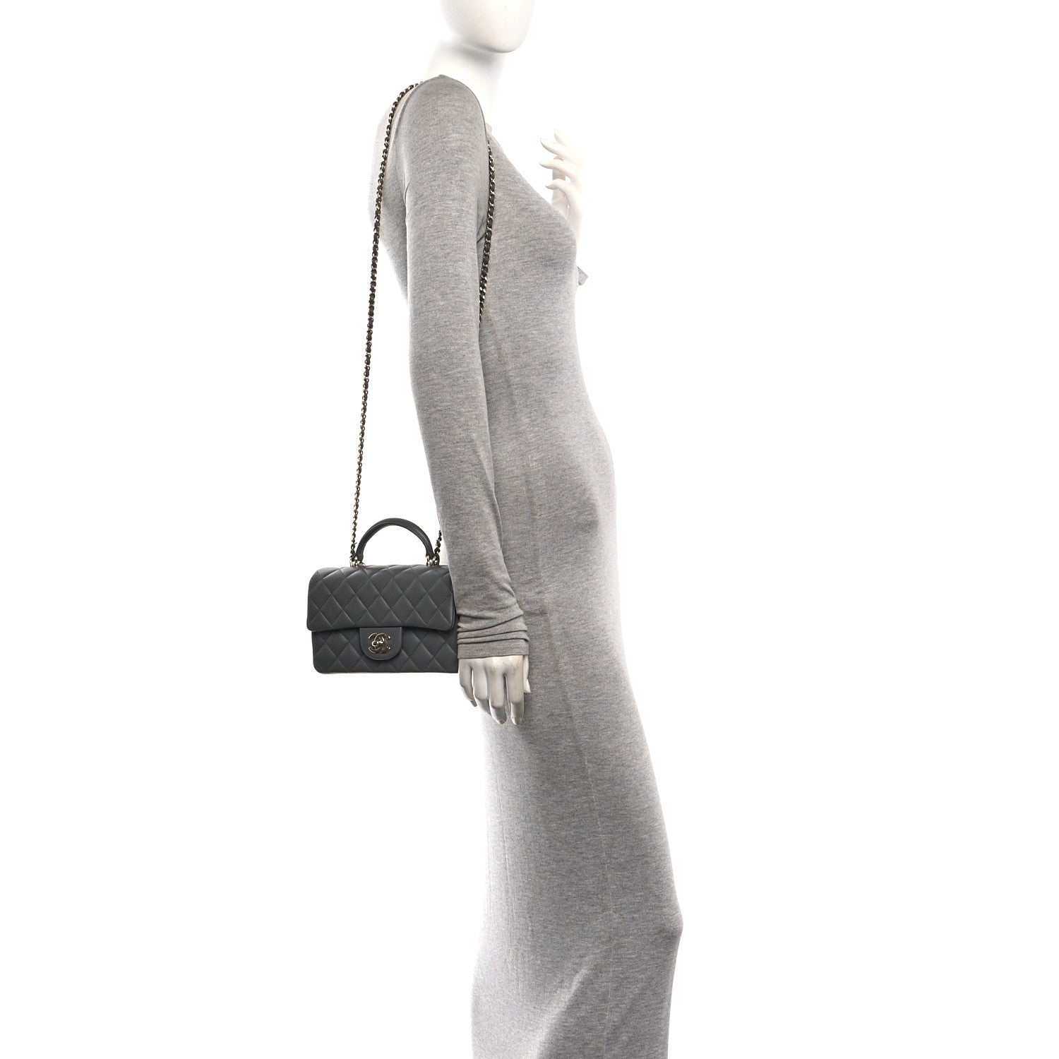 Lambskin Quilted Mini Top Handle Rectangular Flap Dark Grey — view 2