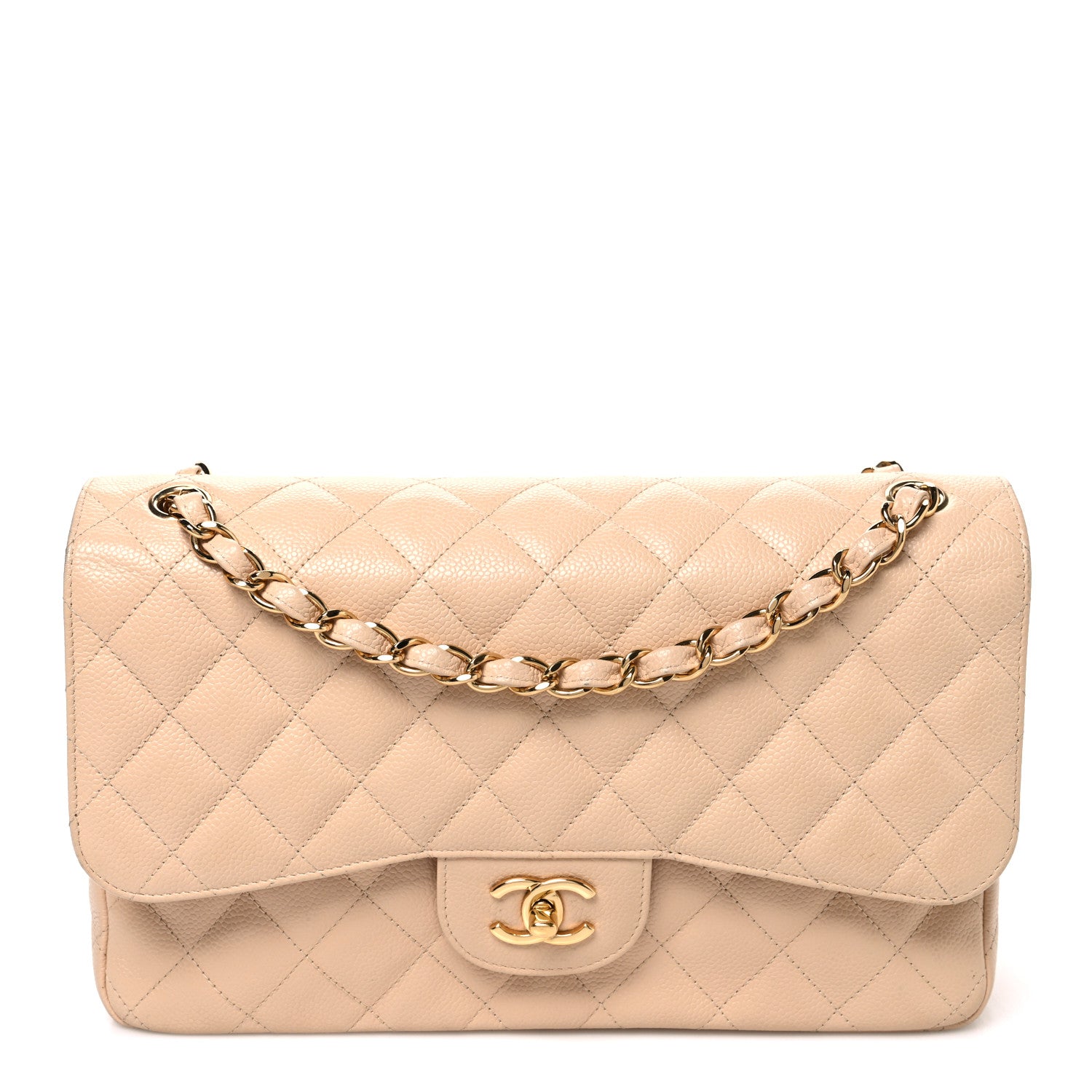 Caviar Quilted Jumbo Double Flap Beige