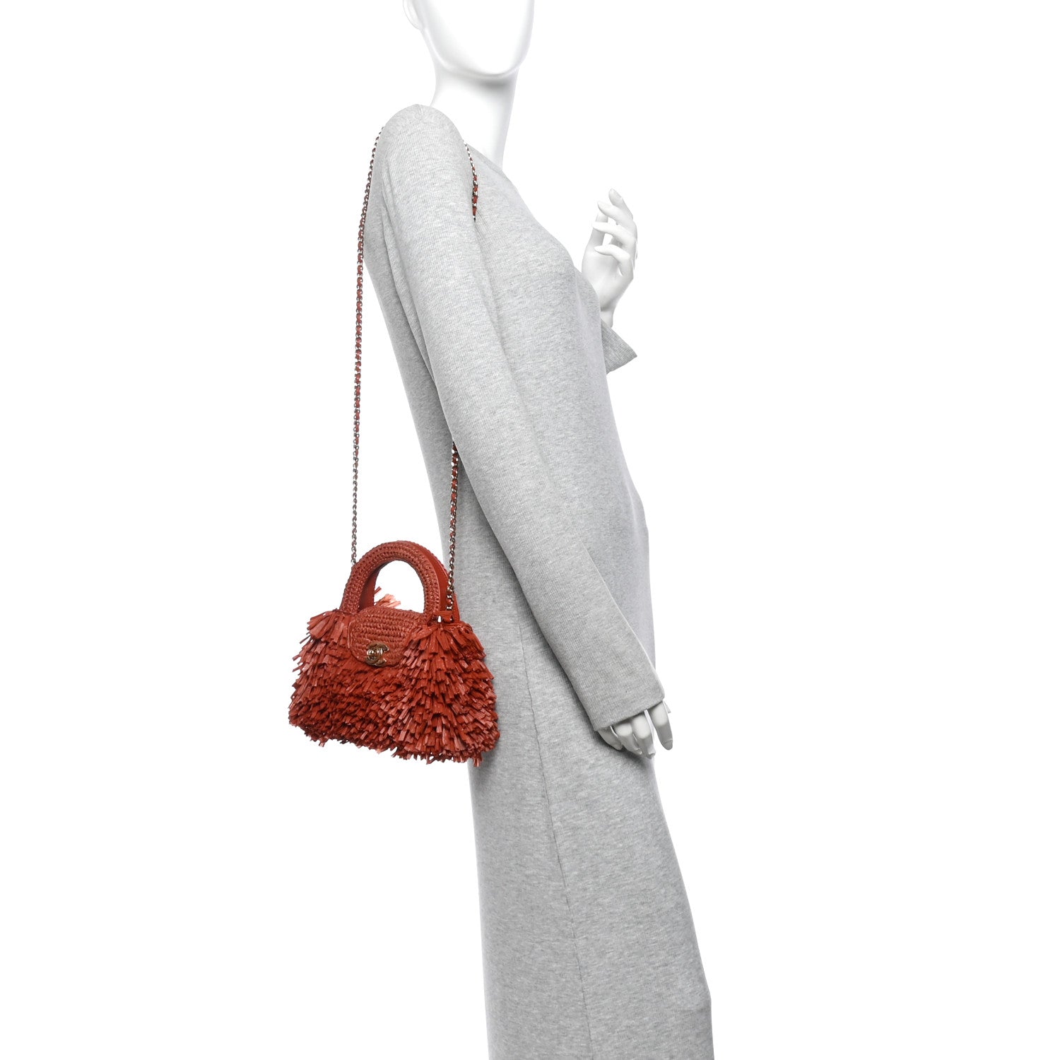 Raffia Fringe Nano Kelly Shopper Red — view 2