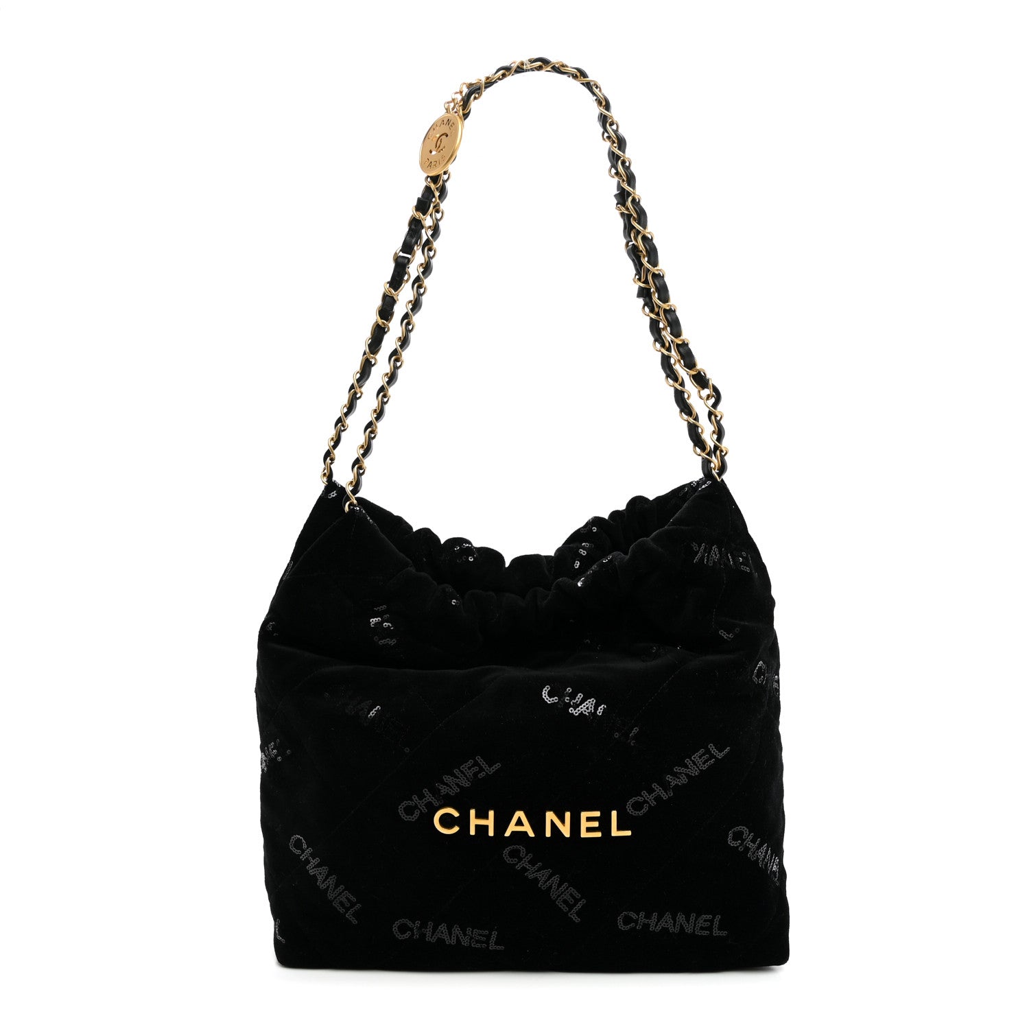 Velvet Sequin Quilted Small Chanel 22 Black