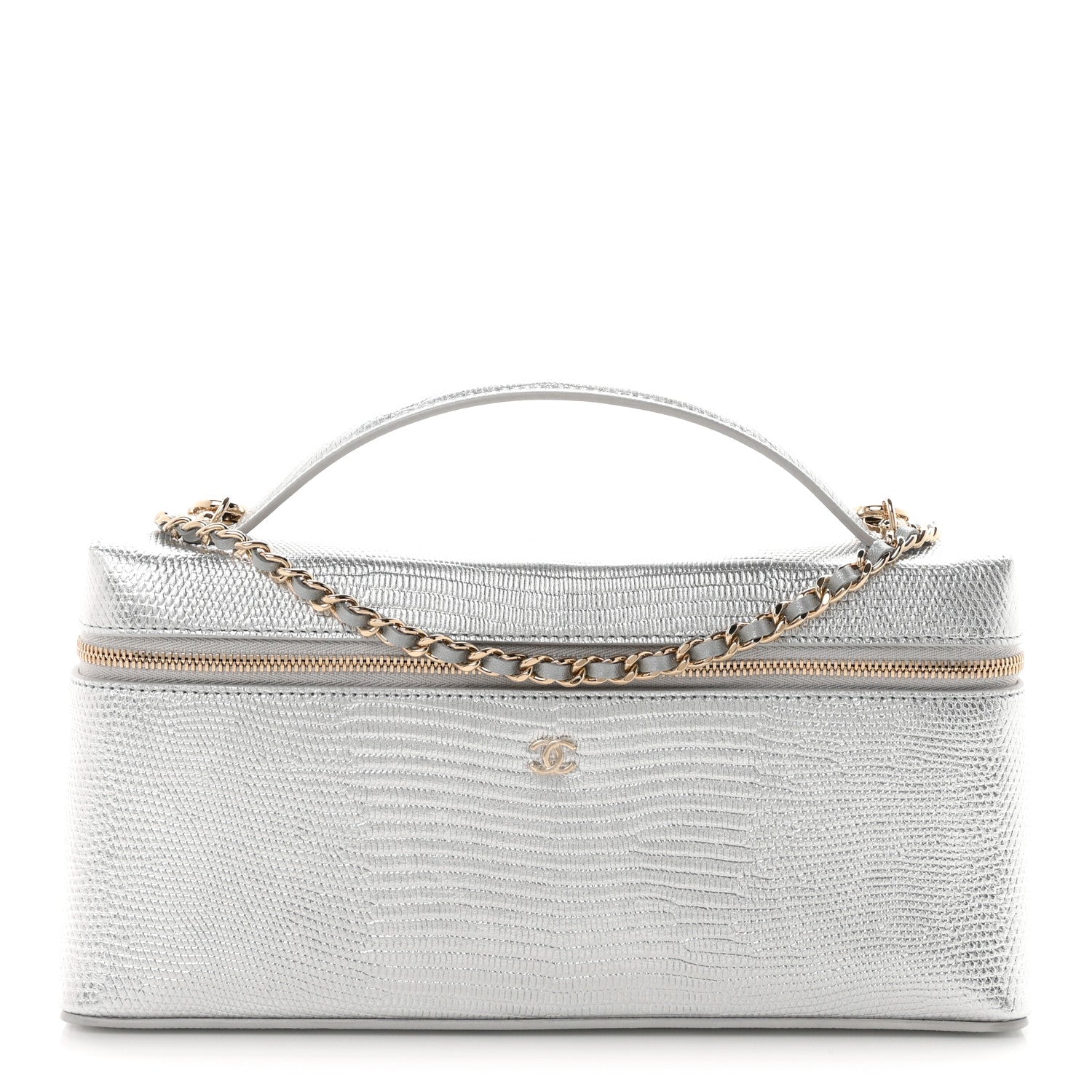 Lizard Embossed Top Handle Slim Vanity With Chain Silver