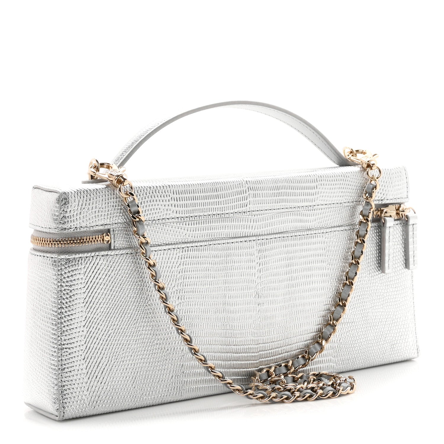 Lizard Embossed Top Handle Slim Vanity With Chain Silver — view 3