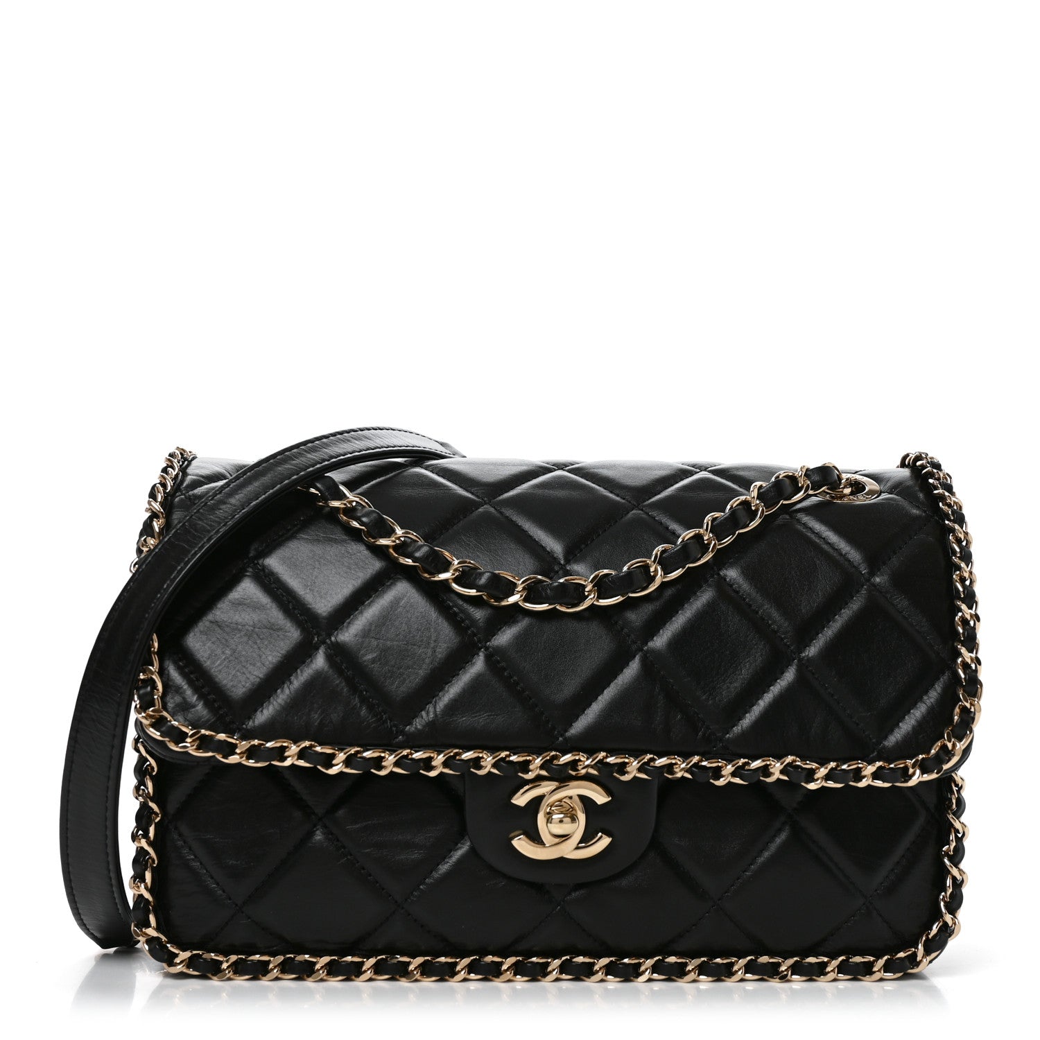 Crumpled Calfskin Medium Chain All Over Flap Black