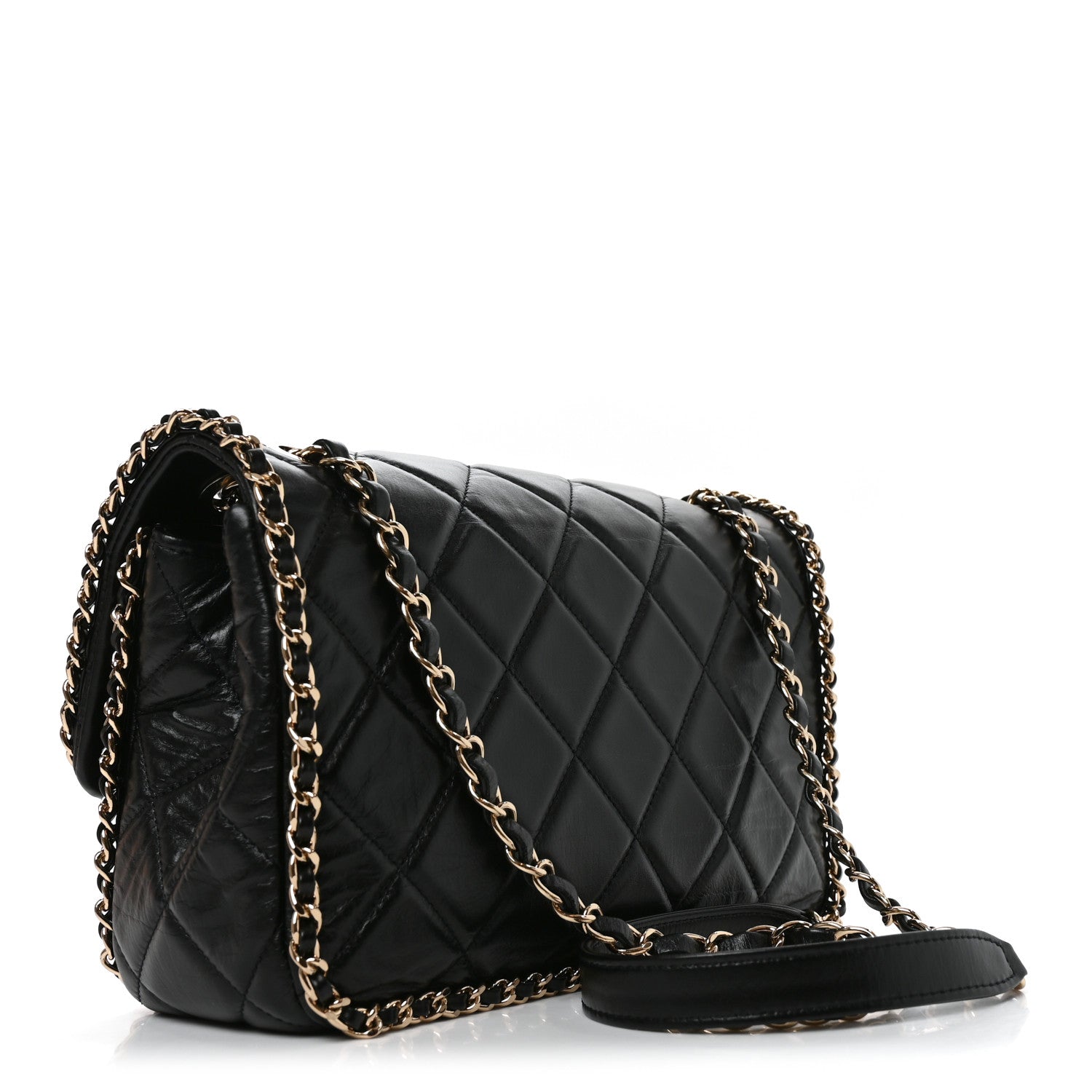 Crumpled Calfskin Medium Chain All Over Flap Black — view 3