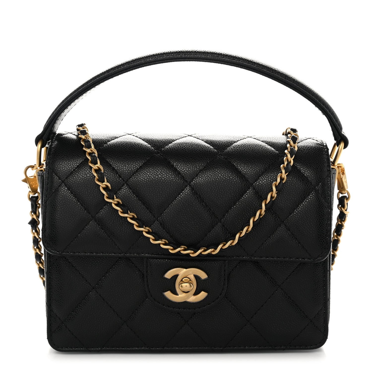 Shiny Caviar Quilted Mini Top Handle Flap Black