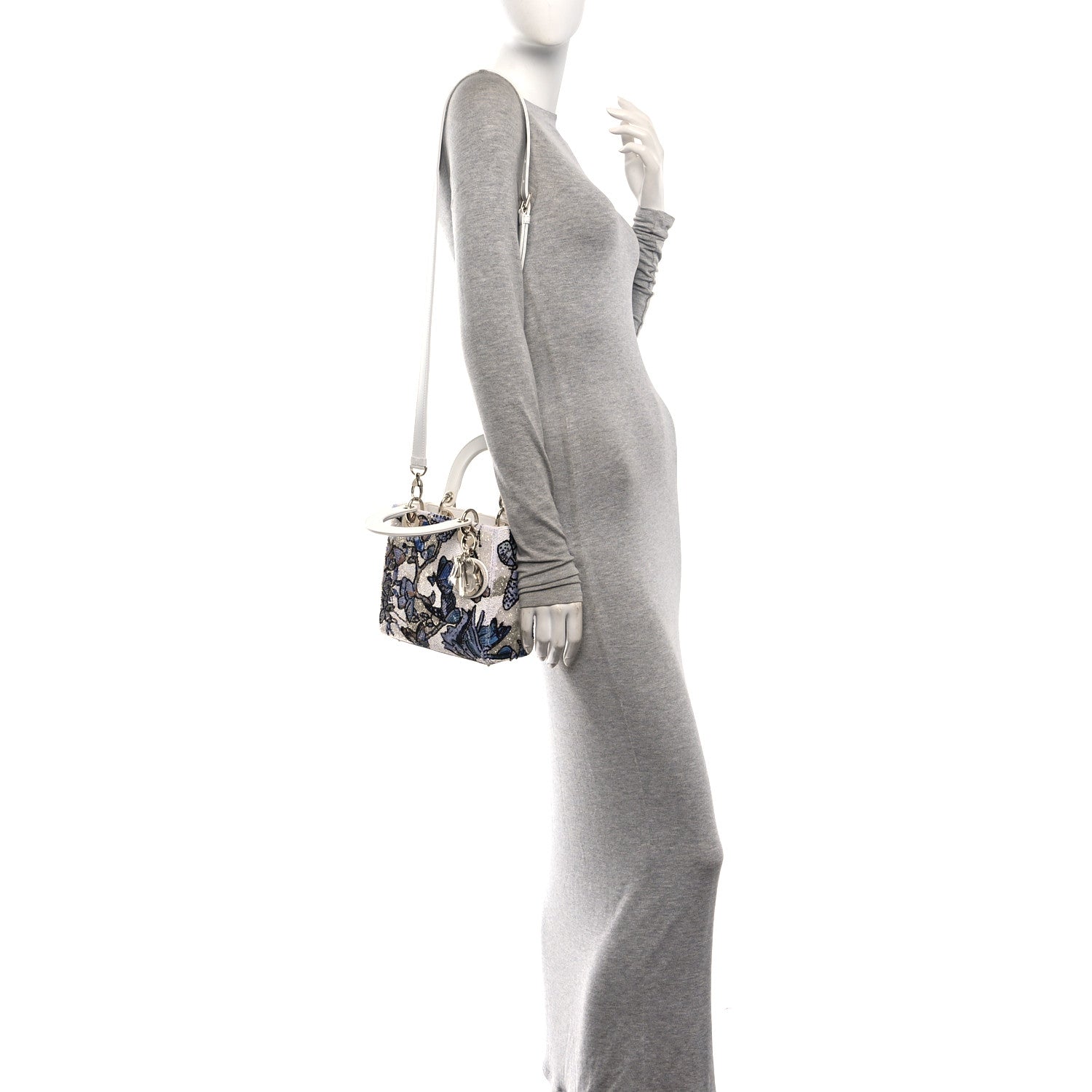 Calfskin Toile de Jouy Beaded Sequin Embroidered Small Mexico Lady Dior White Pastel Midnight Blue — view 3
