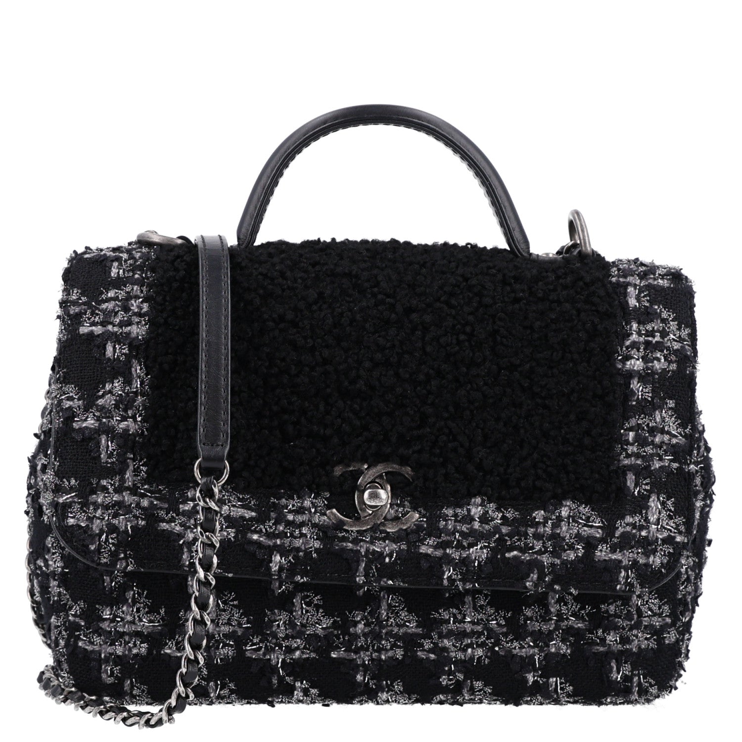 Shearling Tweed Medium Handle Boy Flap Black Grey