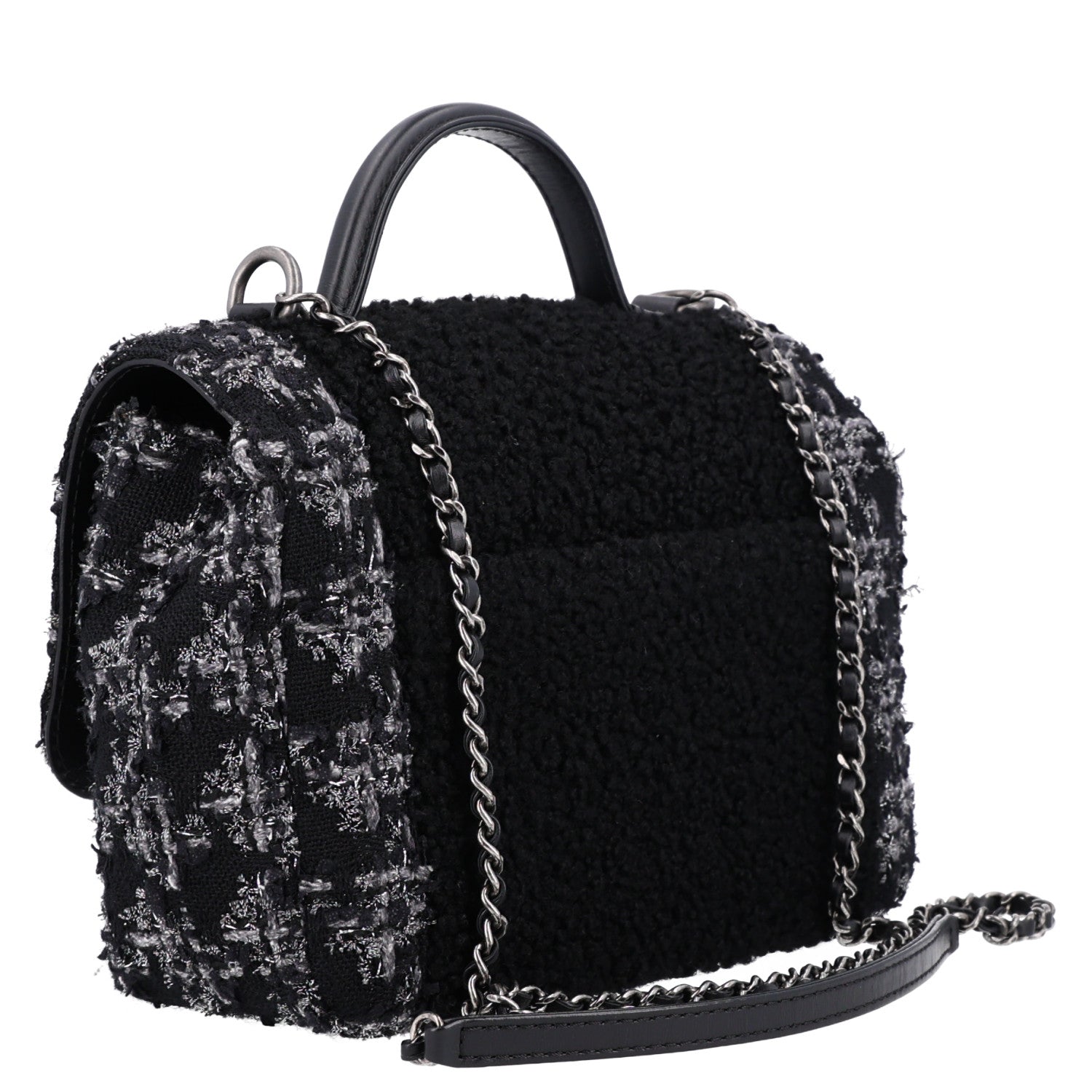 Shearling Tweed Medium Handle Boy Flap Black Grey — view 3