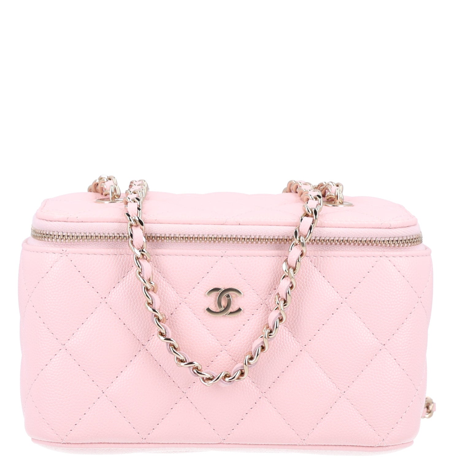 Caviar Quilted Small Vanity Case With Chain Pink