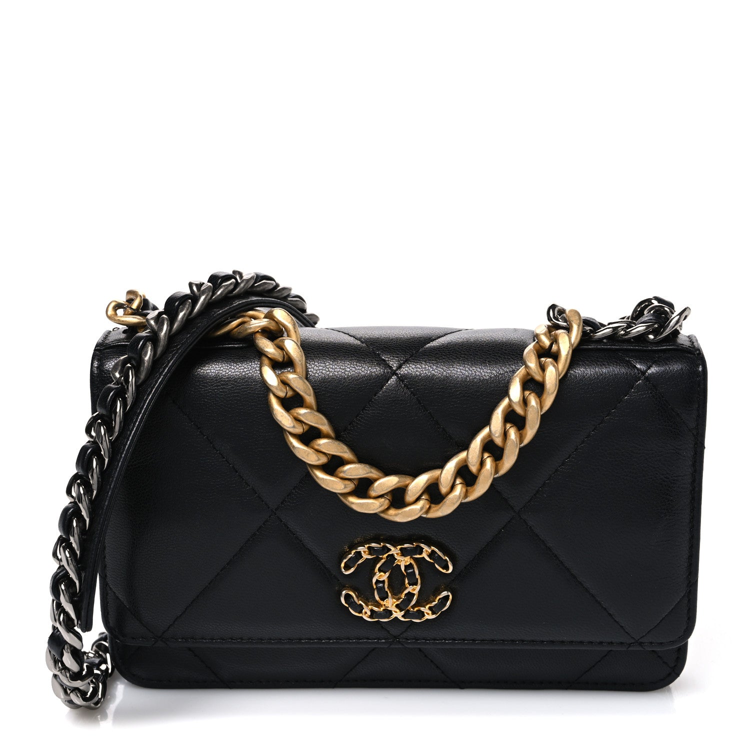 Goatskin Quilted Chanel 19 Wallet On Chain WOC Black