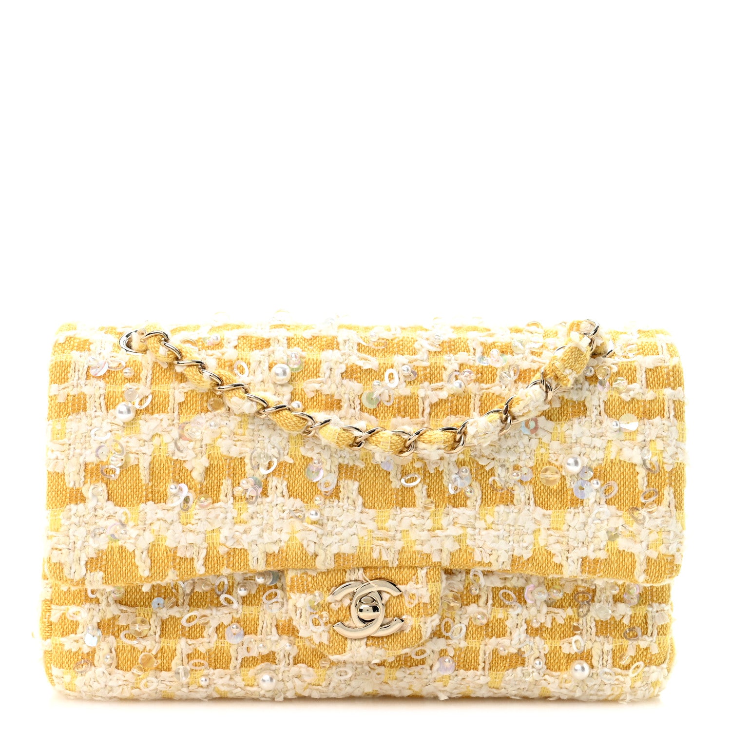 Tweed Beaded Medium Double Flap Yellow White