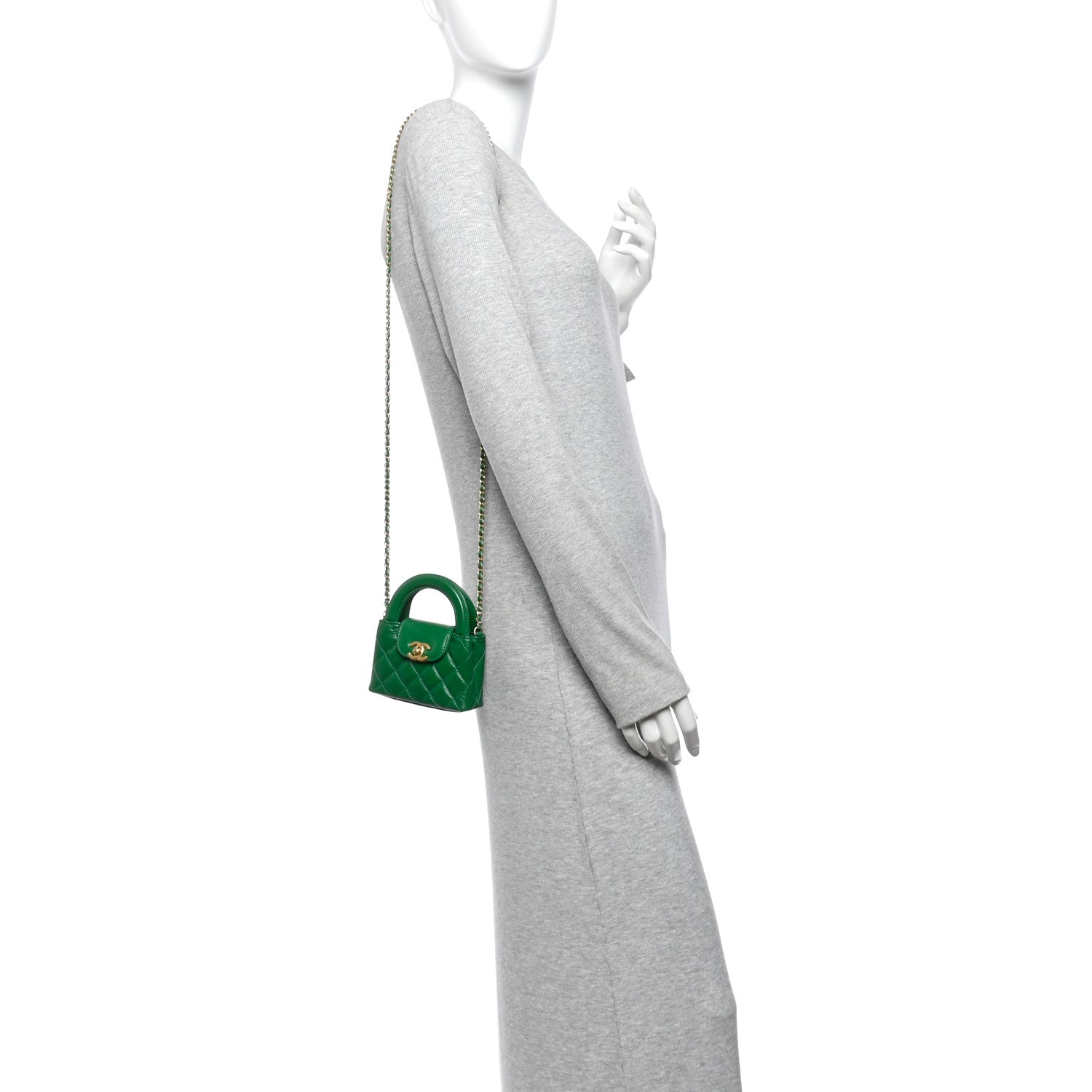 Shiny Aged Calfskin Quilted Mini Nano Kelly Shopper Green — view 2