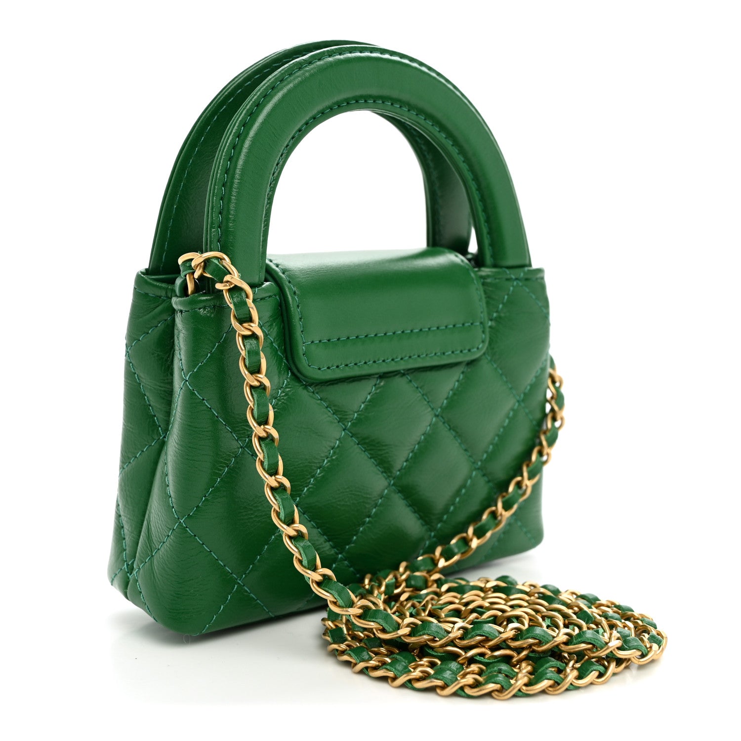 Shiny Aged Calfskin Quilted Mini Nano Kelly Shopper Green — view 3