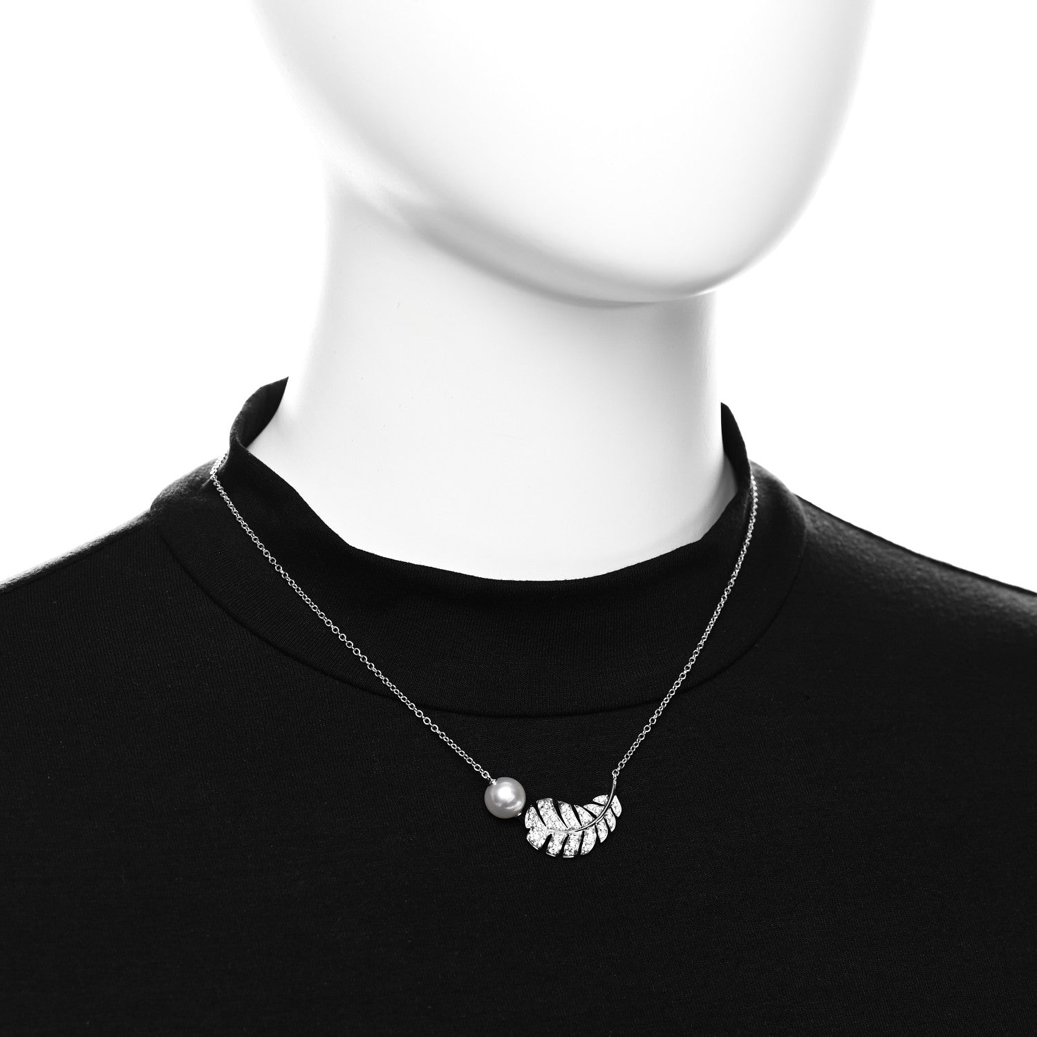 18K White Gold Diamond Cultured Pearl Plume De Chanel Necklace — view 2