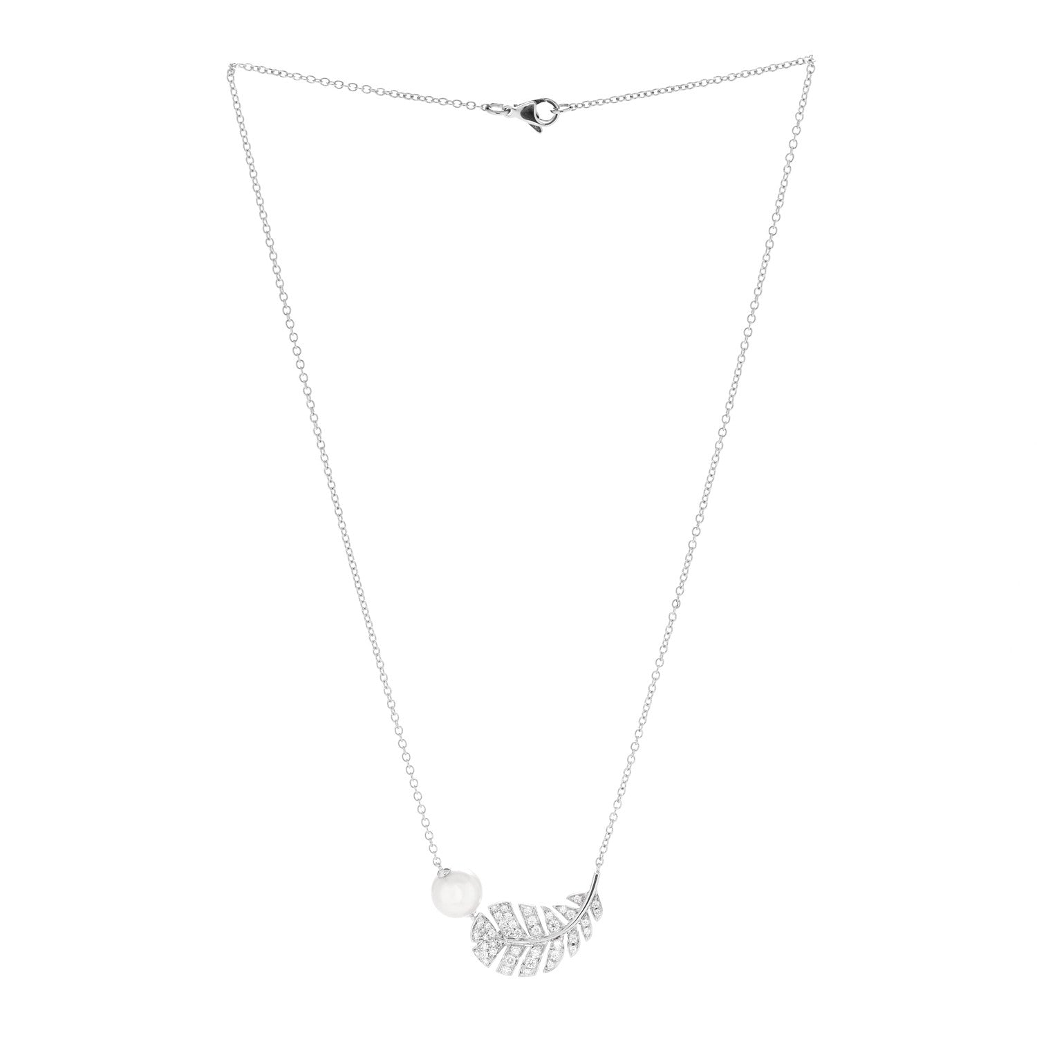 18K White Gold Diamond Cultured Pearl Plume De Chanel Necklace — view 3