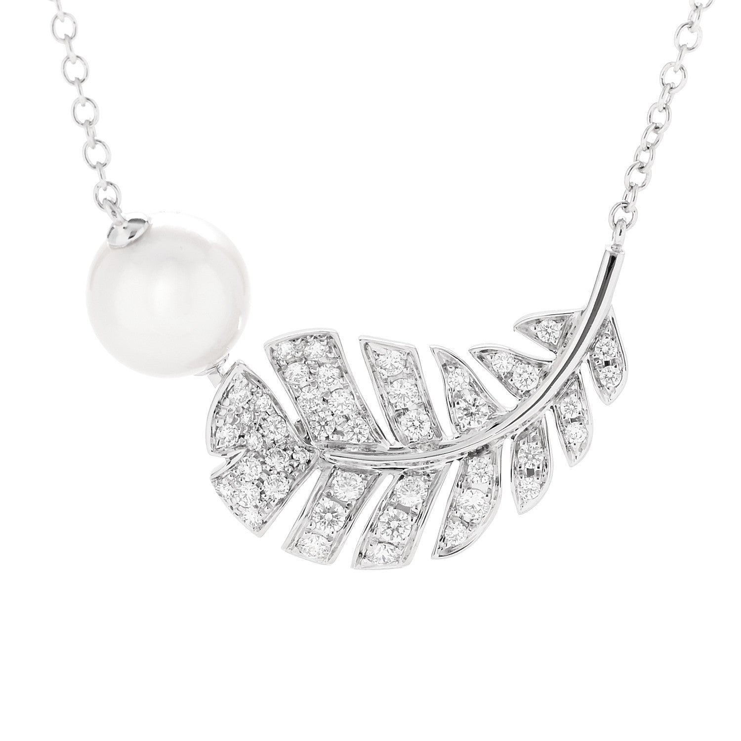 18K White Gold Diamond Cultured Pearl Plume De Chanel Necklace — view 4