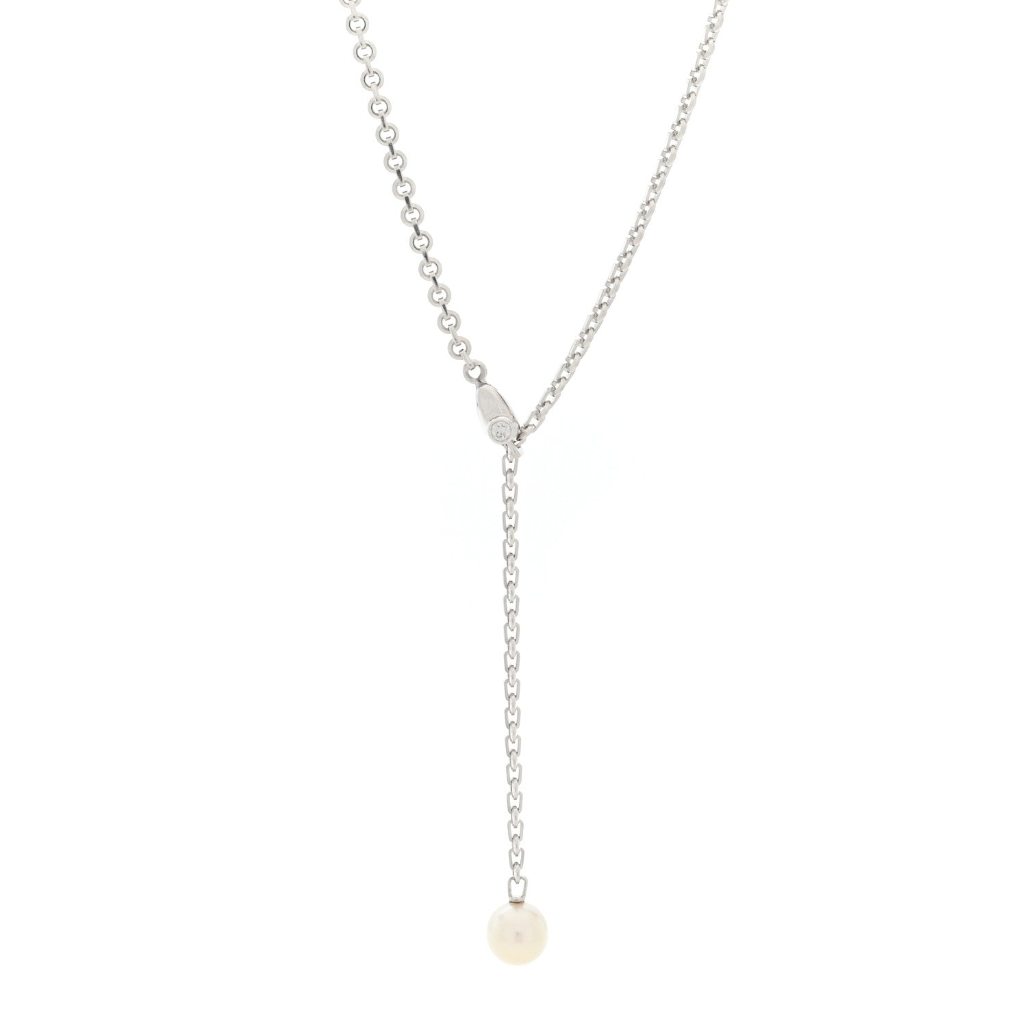 18K White Gold Diamond Pearl 8.5mm Lariat Pendant Necklace