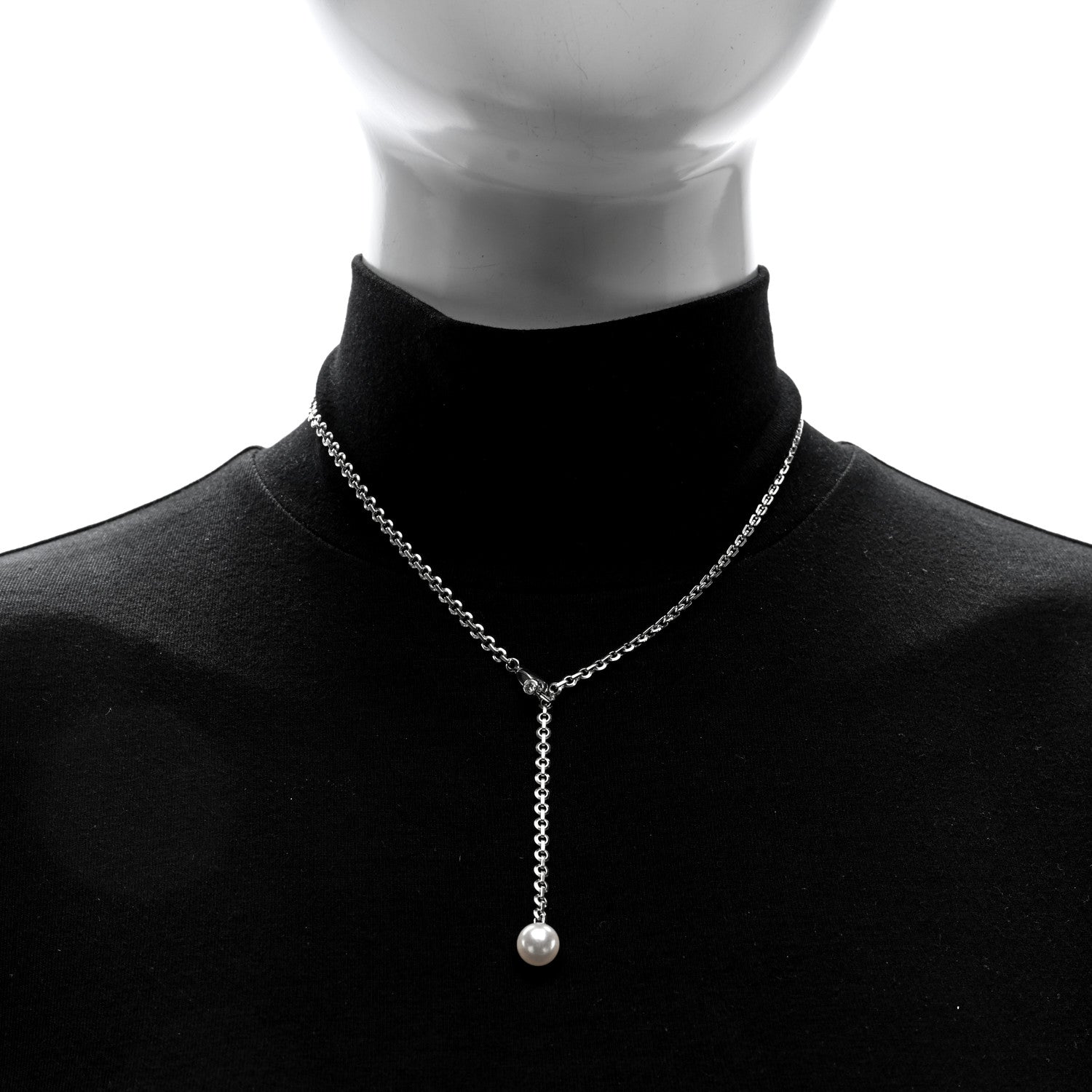 18K White Gold Diamond Pearl 8.5mm Lariat Pendant Necklace — view 2