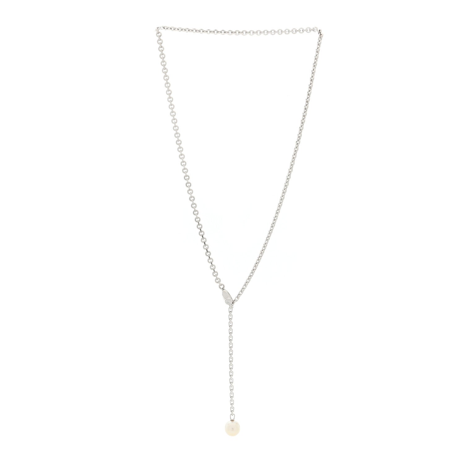 18K White Gold Diamond Pearl 8.5mm Lariat Pendant Necklace — view 3