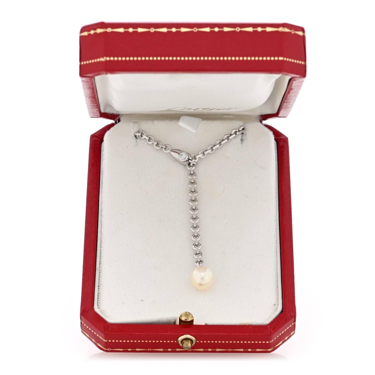 18K White Gold Diamond Pearl 8.5mm Lariat Pendant Necklace — view 5