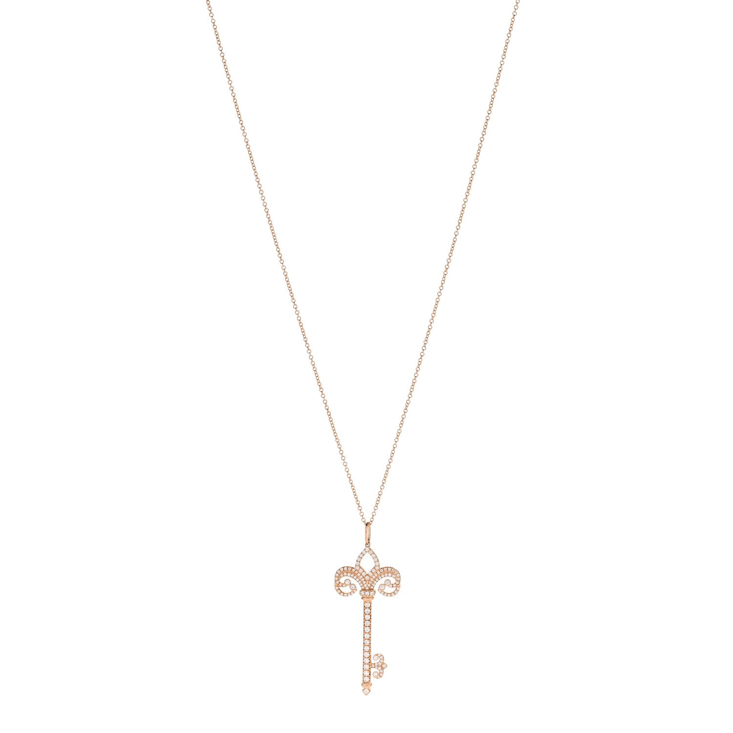 18K Rose Gold Diamond .37ct Fleur De Lis Key Pendant Necklace
