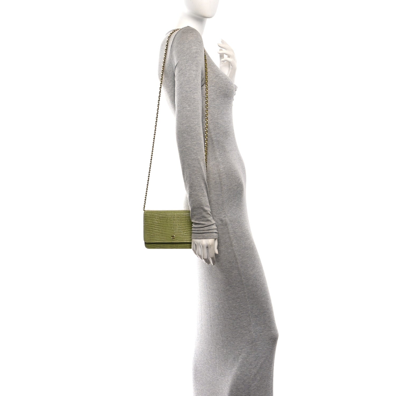 Calfskin Lizard Embossed Wallet On Chain WOC Green — view 2