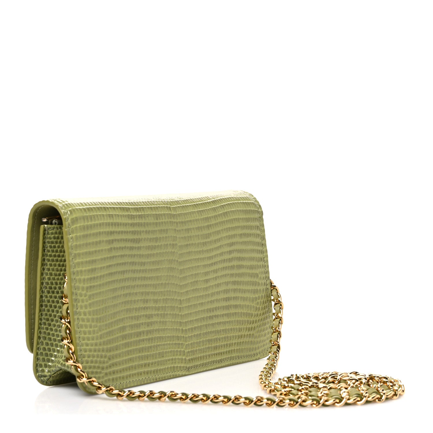 Calfskin Lizard Embossed Wallet On Chain WOC Green — view 3
