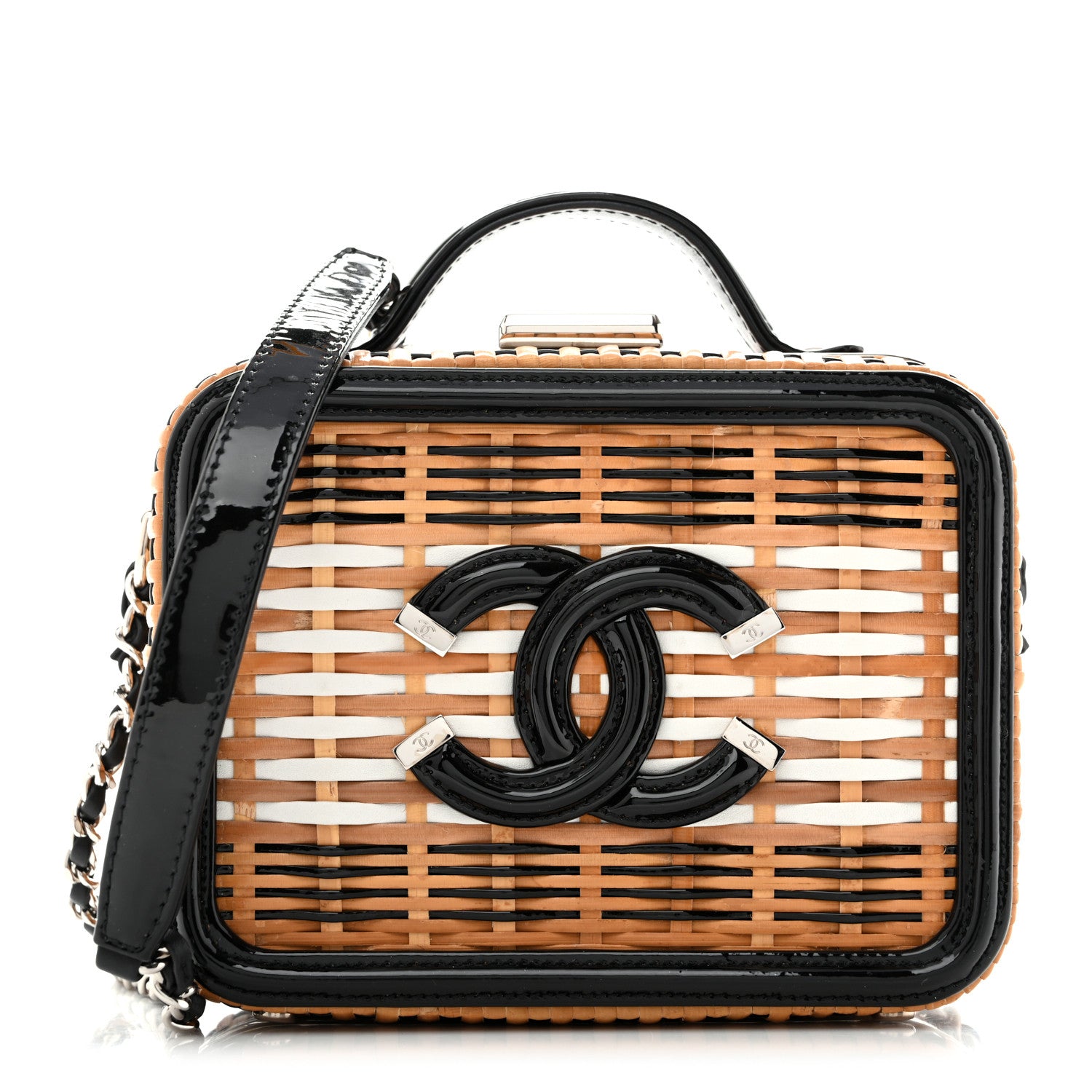 Raffia Patent Small CC Filigree Vanity Case Black