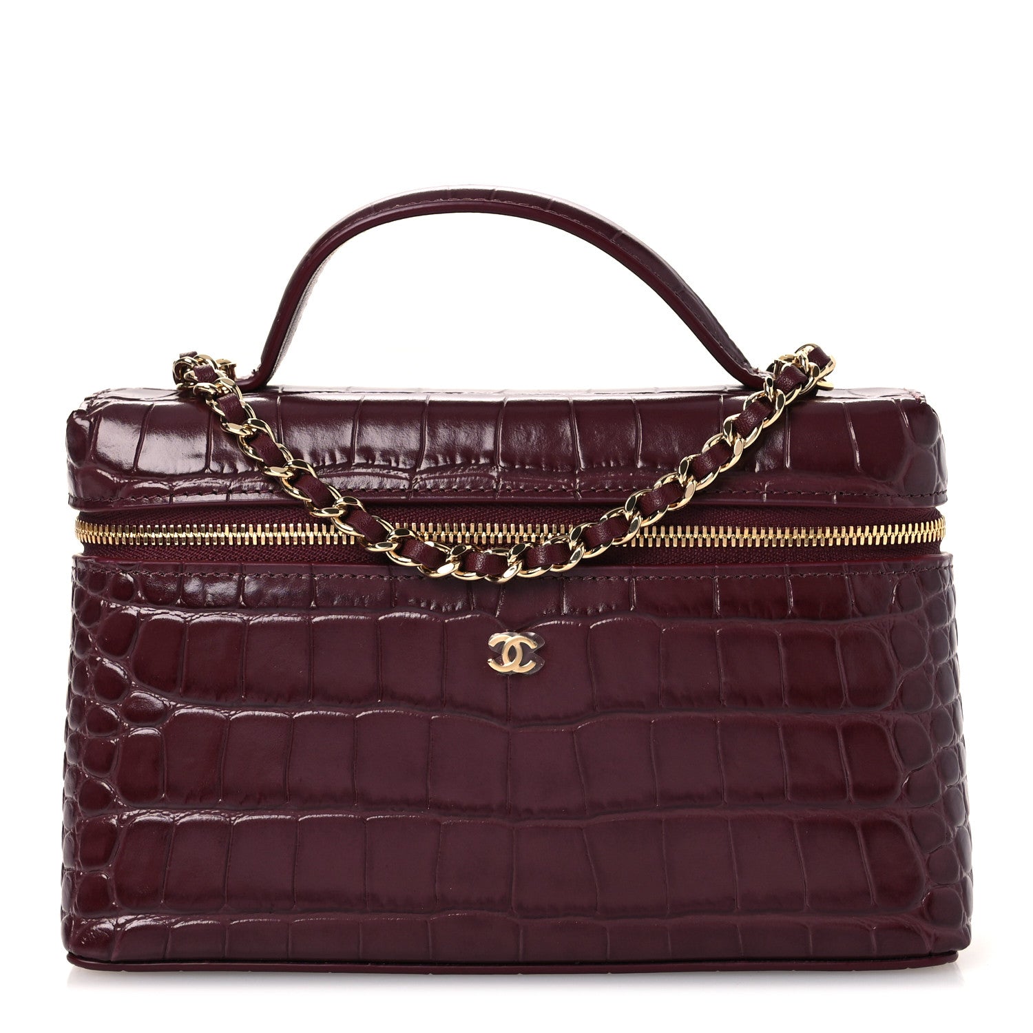 Calfskin Crocodile Embossed Top Handle Vanity Case With Chain Burgundy