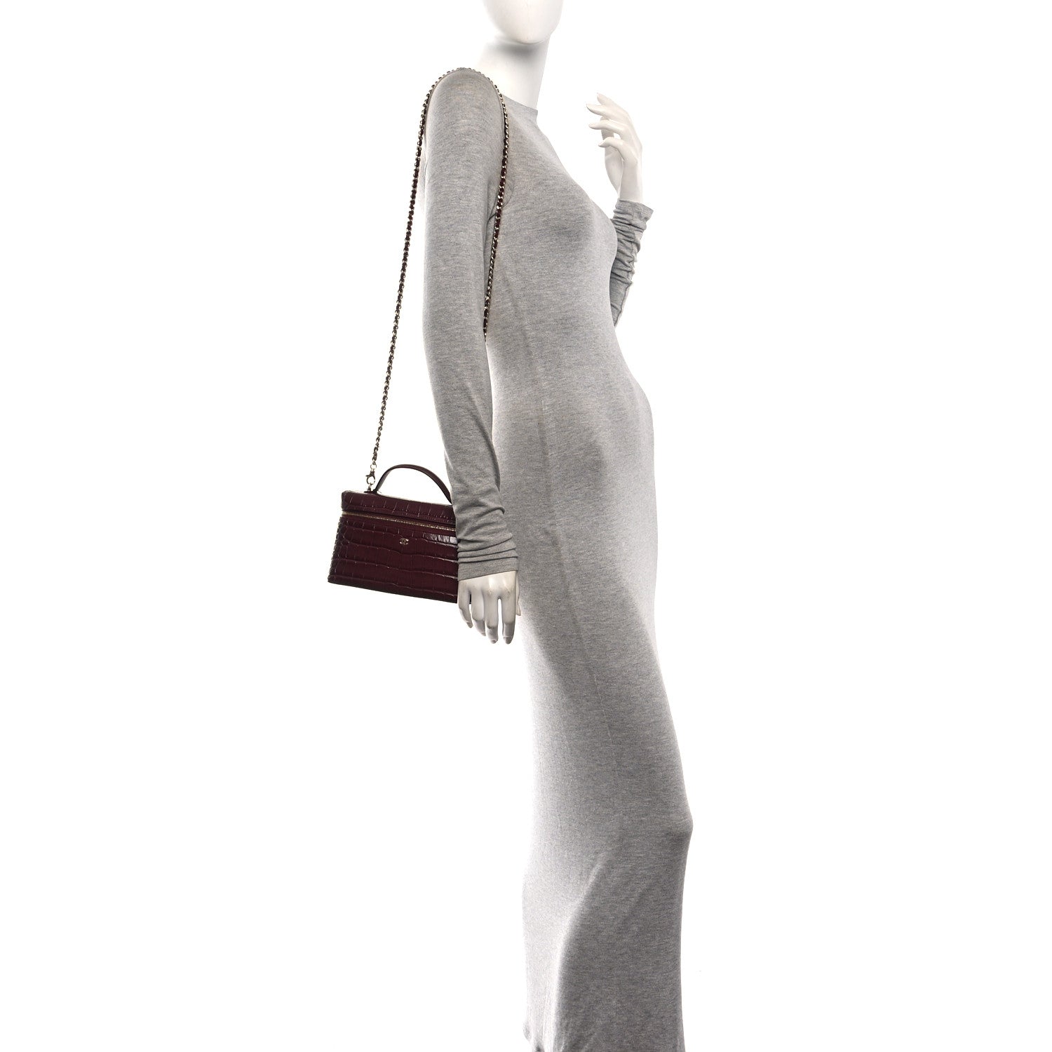 Calfskin Crocodile Embossed Top Handle Vanity Case With Chain Burgundy — view 2