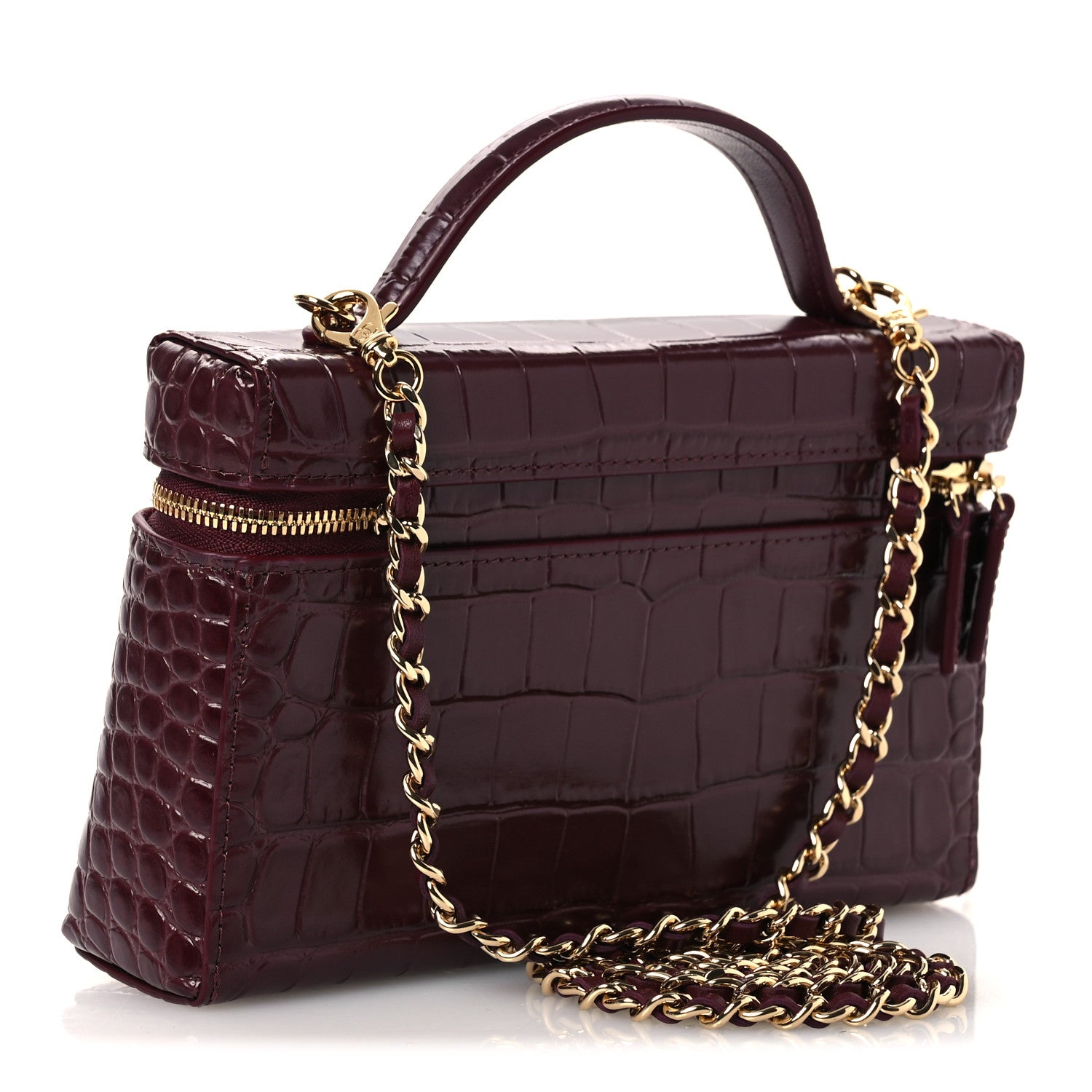 Calfskin Crocodile Embossed Top Handle Vanity Case With Chain Burgundy — view 3