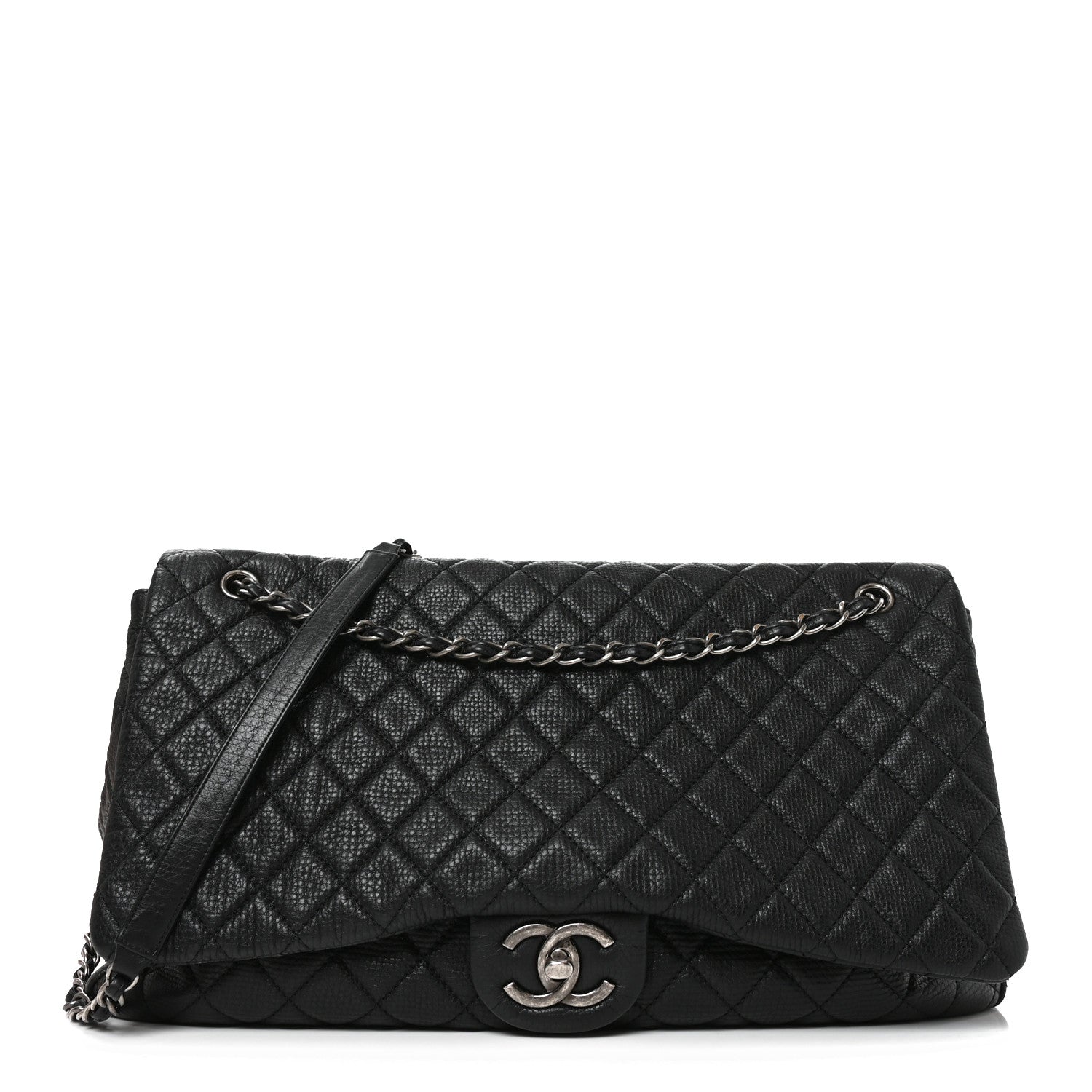 Grained Calfskin Quilted XXL Travel Flap Bag Black