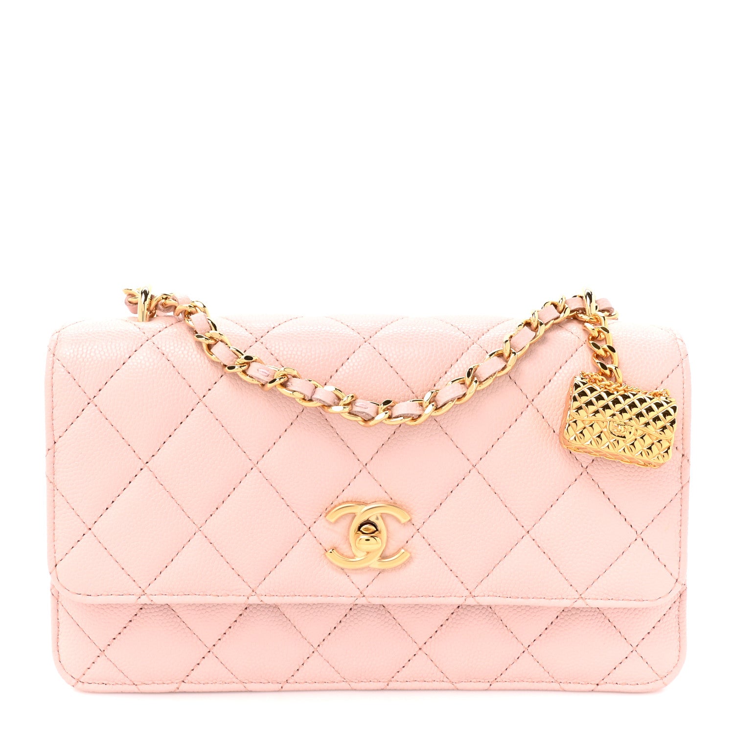 Shiny Caviar Quilted Flap Charm Wallet On Chain WOC Light Pink