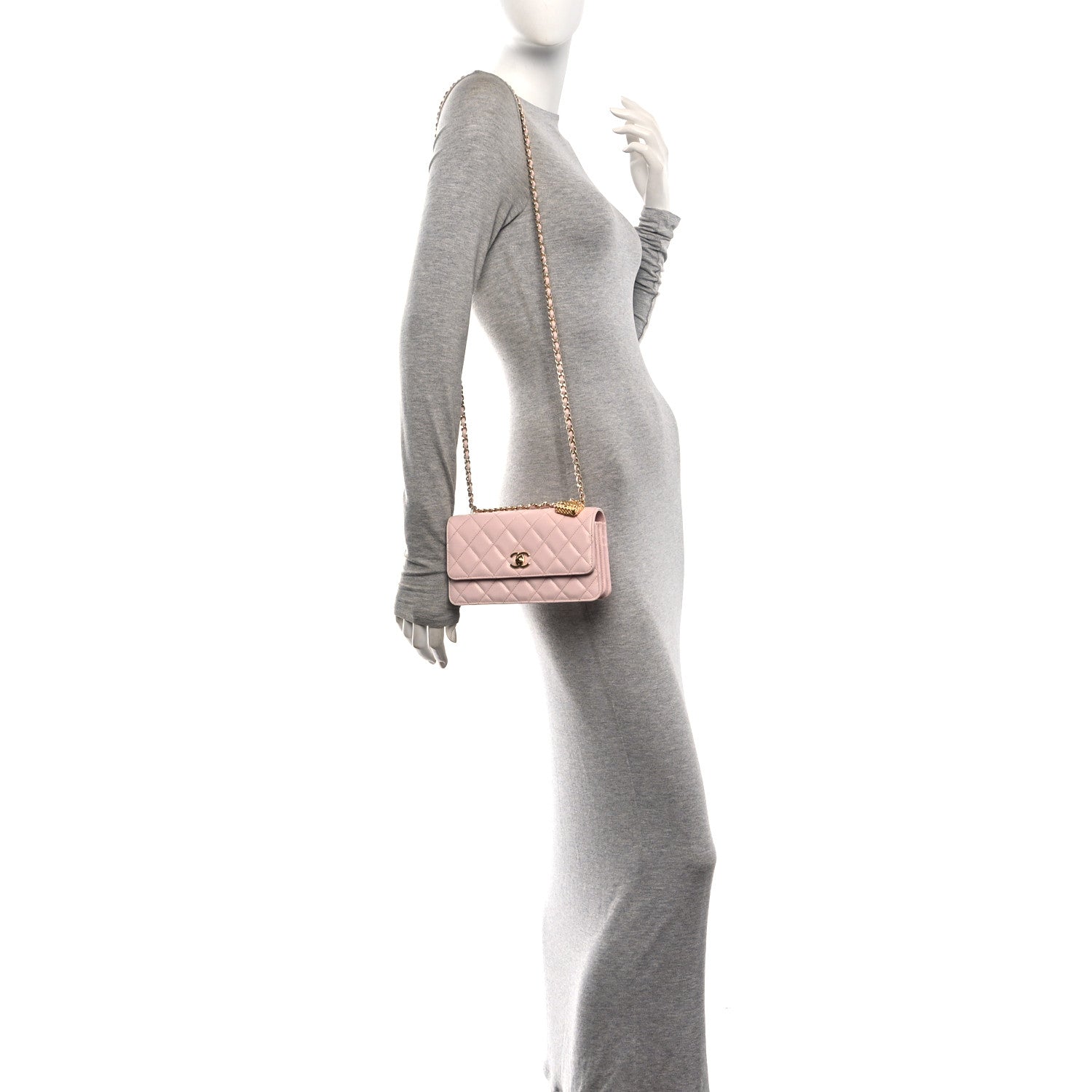 Shiny Caviar Quilted Flap Charm Wallet On Chain WOC Light Pink — view 2