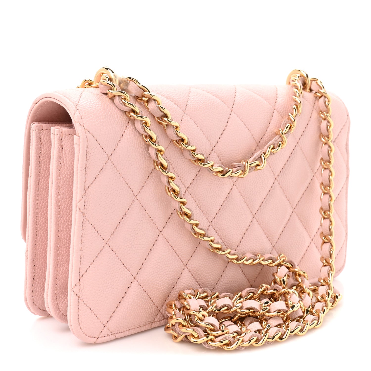Shiny Caviar Quilted Flap Charm Wallet On Chain WOC Light Pink — view 3