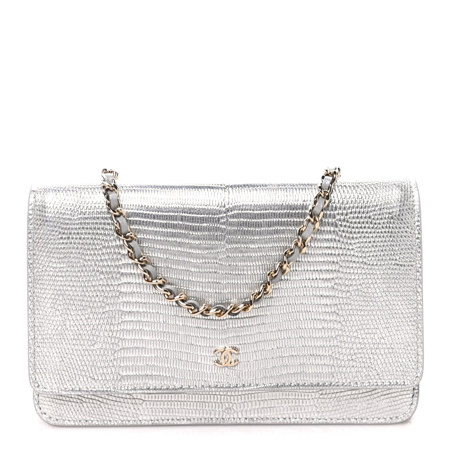 Calfskin Lizard Embossed Wallet on Chain WOC Silver
