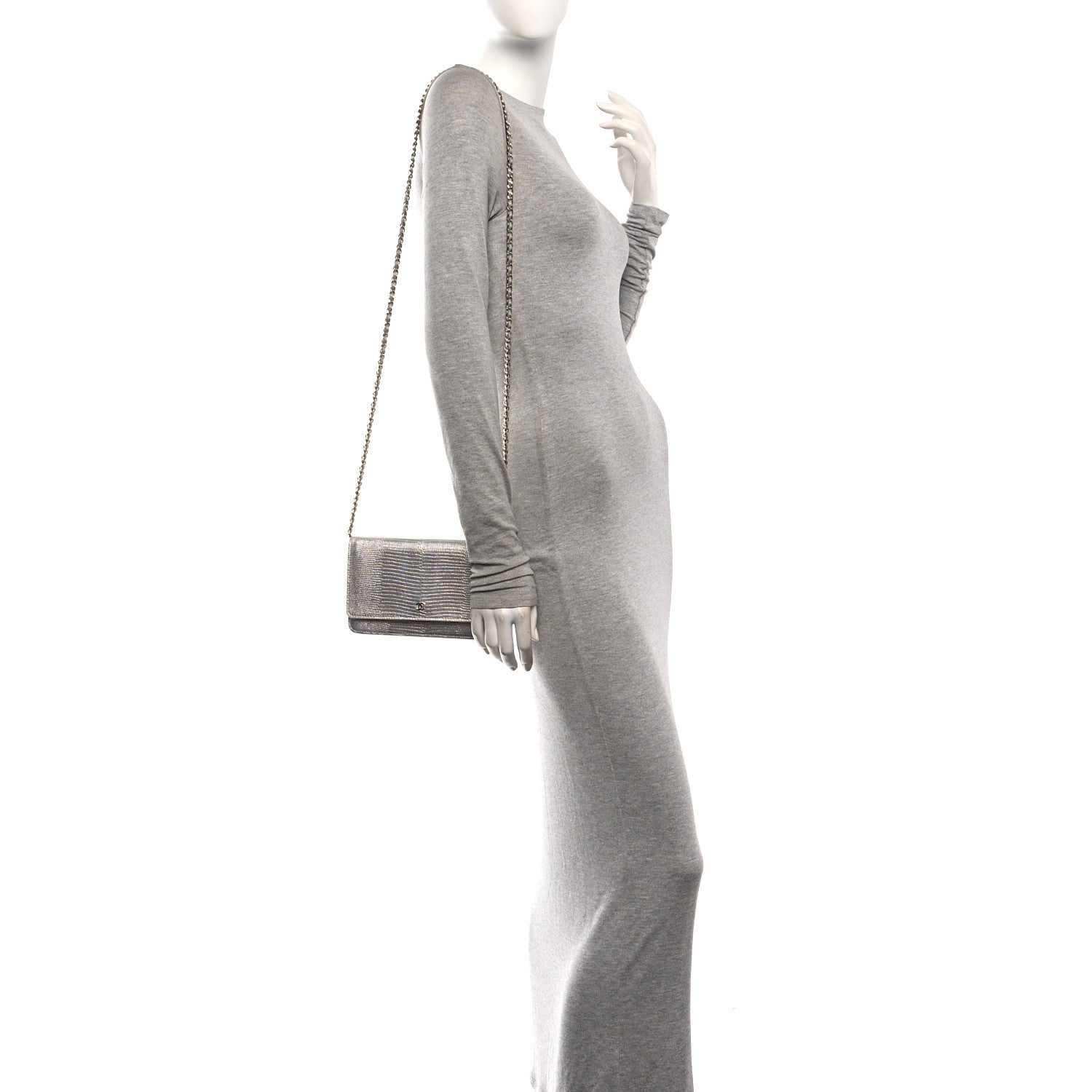 Calfskin Lizard Embossed Wallet on Chain WOC Silver — view 2