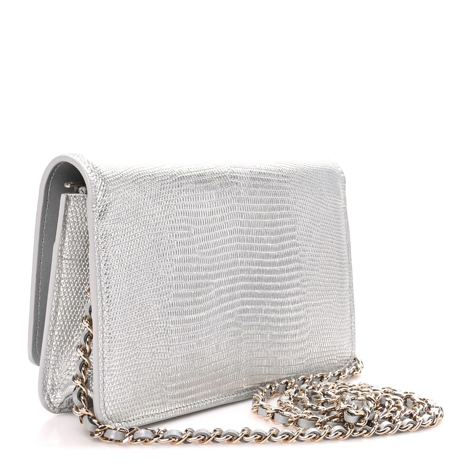 Calfskin Lizard Embossed Wallet on Chain WOC Silver — view 3