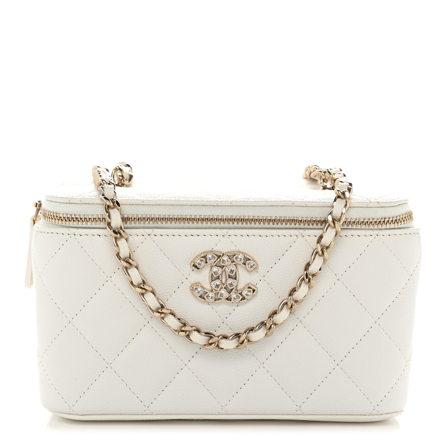 Caviar Quilted Crystal Hearts Small Vanity Case With Chain White
