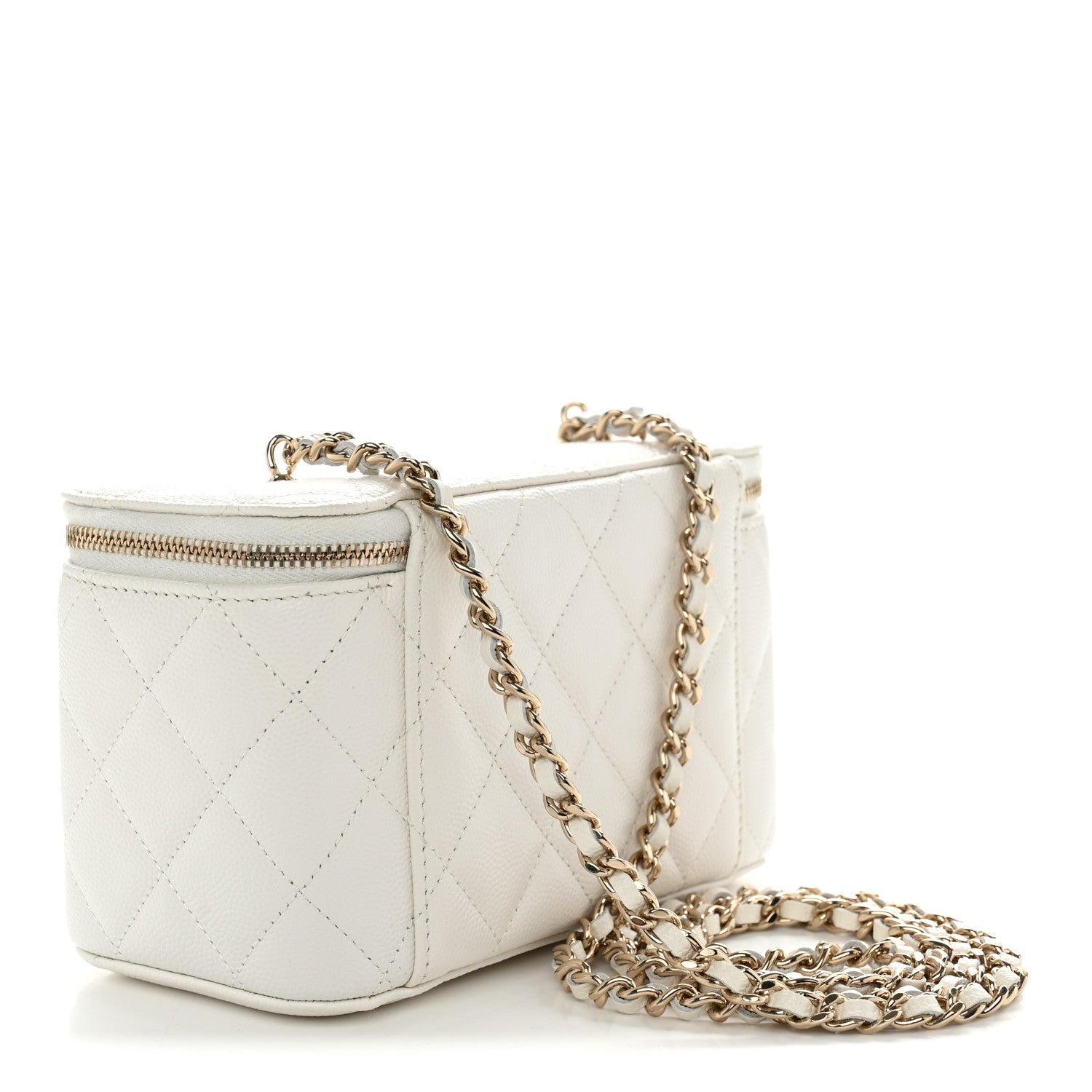 Caviar Quilted Crystal Hearts Small Vanity Case With Chain White — view 3